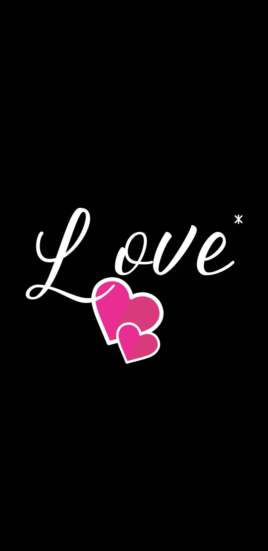 黑色背景上白色草書love與兩個粉紅色心形。