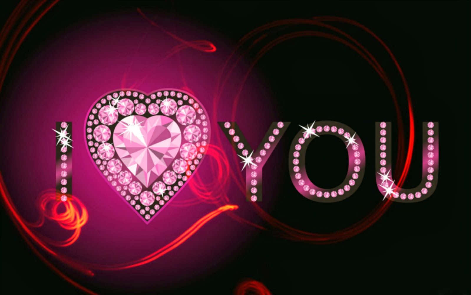 在黑暗背景上，以閃爍粉紅鑽石拼成的 I love you 訊息，帶有發光紅色漩渦