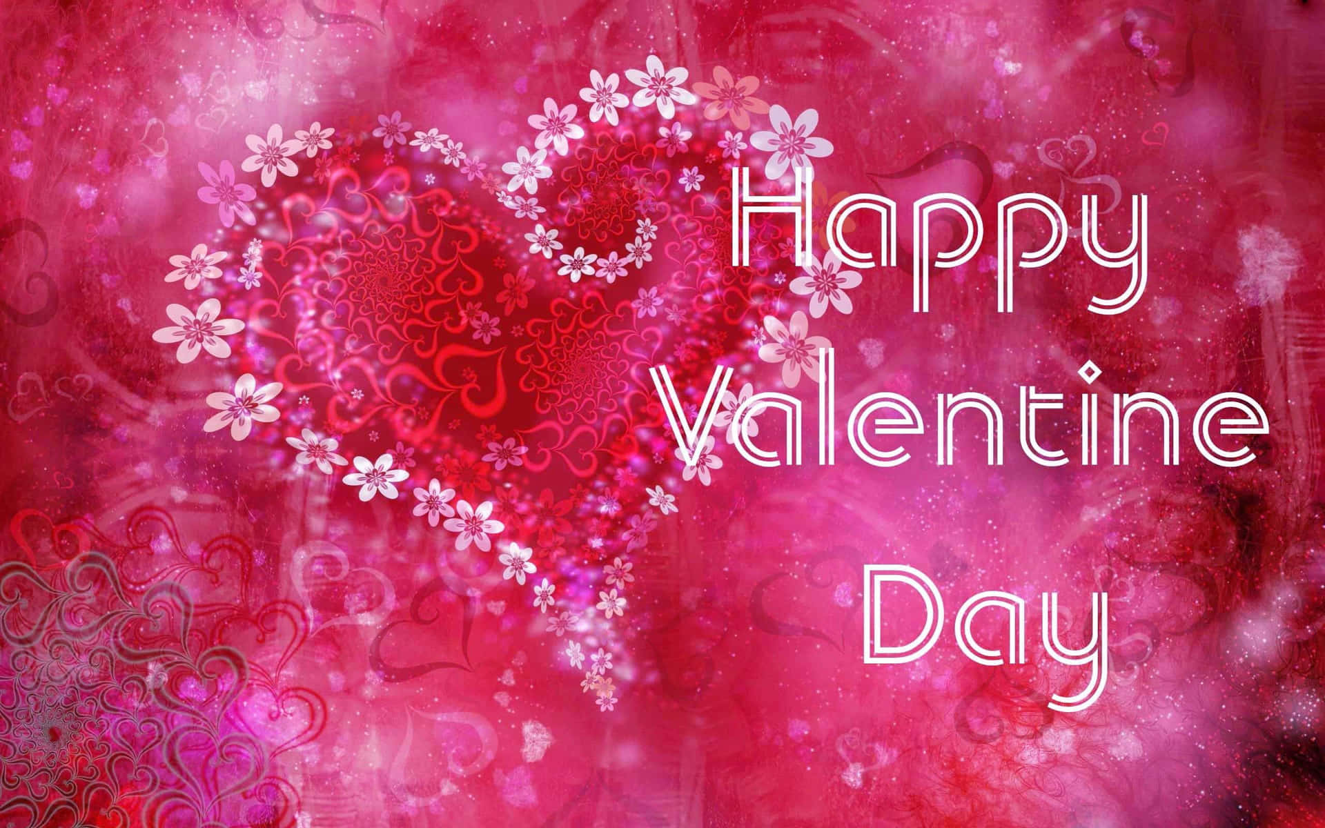 Happy Valentine Day 文字在粉紅色花卉心形設計上，帶有閃光。