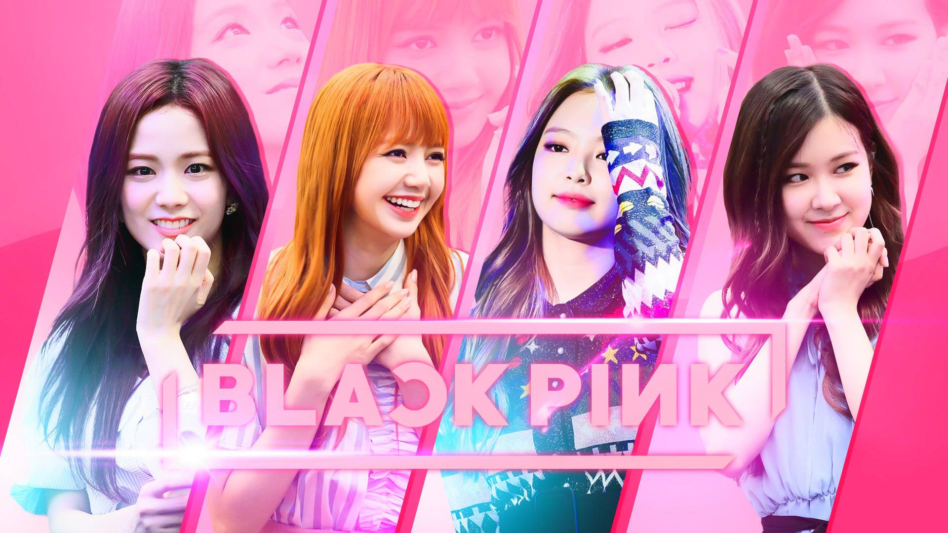 粉紅拼貼 Blackpink 桌面壁紙 壁紙 — 四位微笑的K-pop偶像在充滿活力的粉紅色幾何背景和發光文字前擺姿勢。