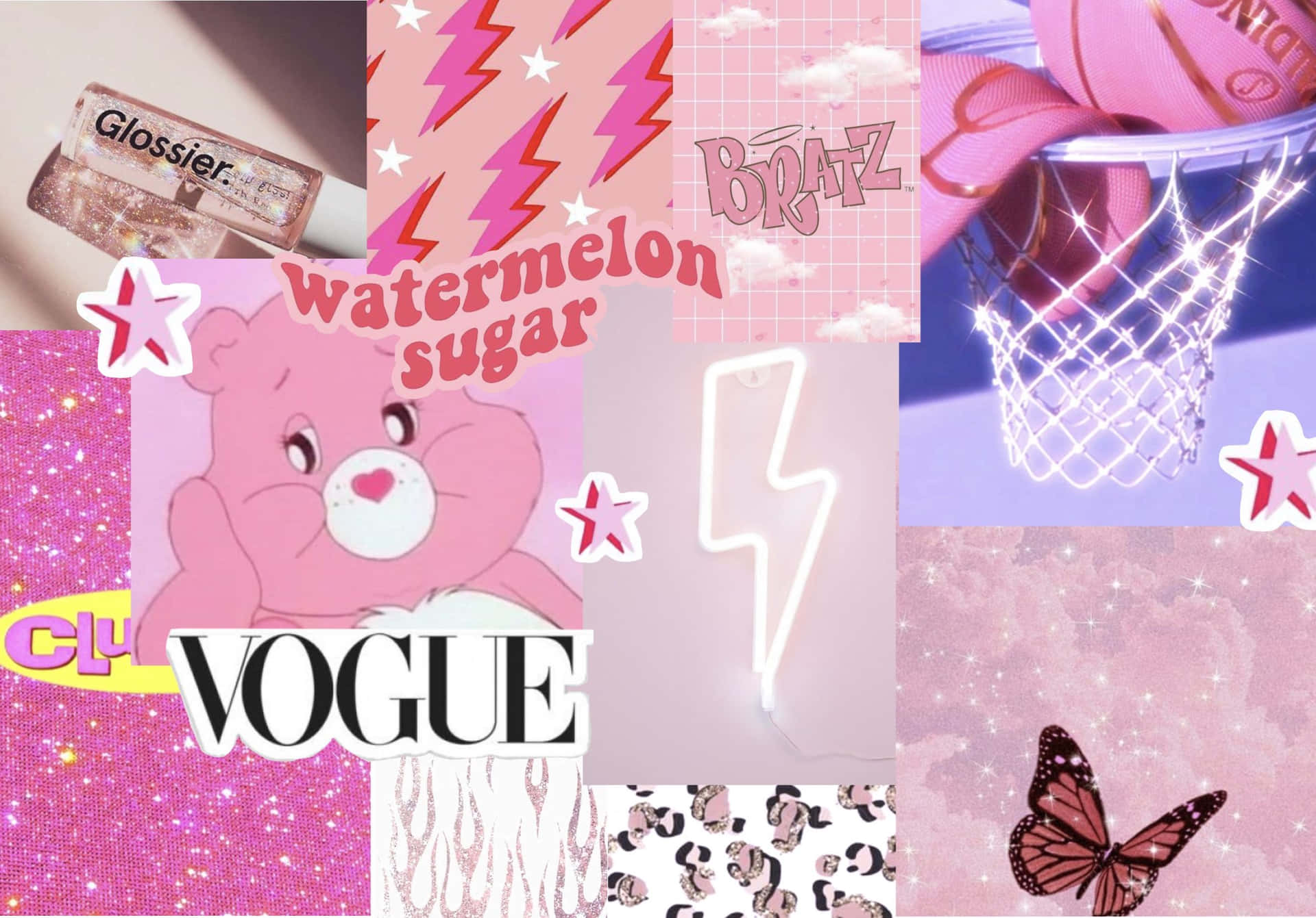 帶有Care Bear籃球框和Vogue文字的粉紅色閃光拼貼畫。