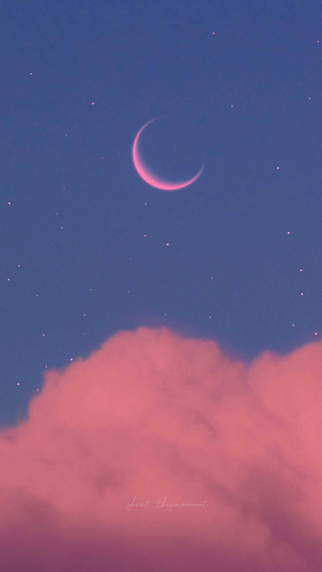 星空夜空中粉紅色雲朵上的粉紅色新月