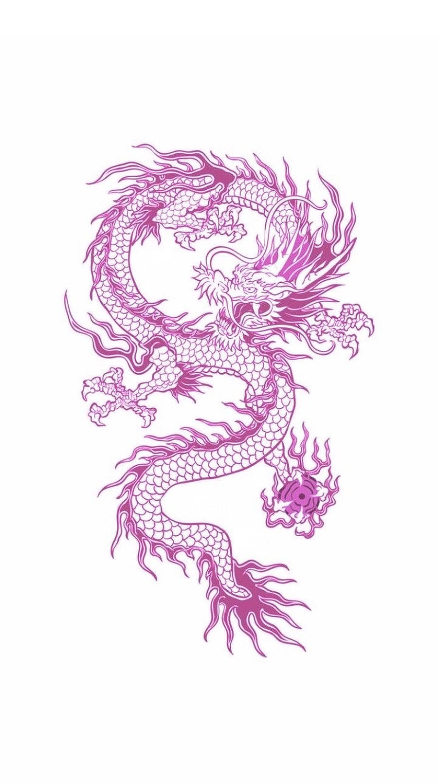 粉紅日本龍紋身 壁紙 — 一隻充滿活力的紫色龍，帶有複雜的鱗片和流動的鬃毛，在純白色背景上動態盤繞。