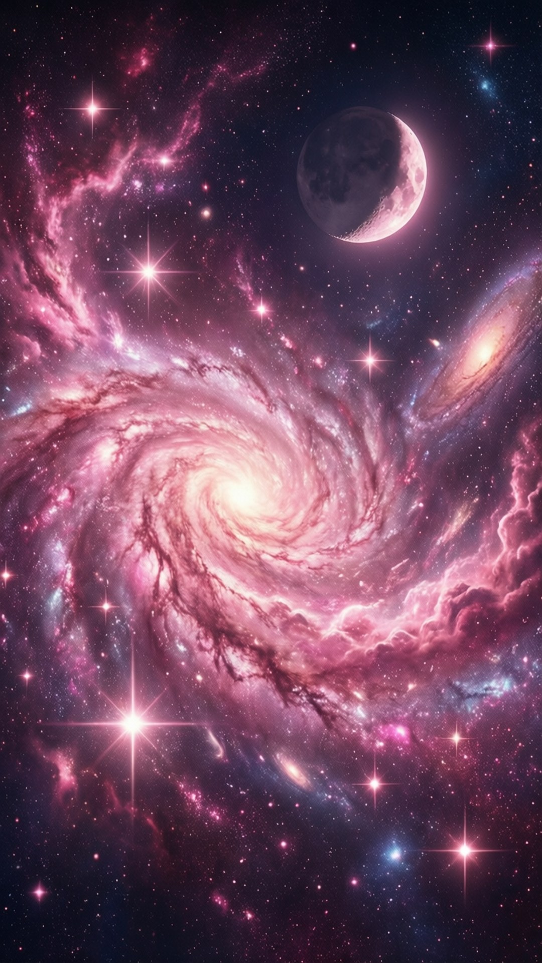 粉紅星系 壁紙 — 一個充滿活力的粉紅色和紫色螺旋星系旋轉著，閃爍的星星和一個新月漂浮在宇宙中。
