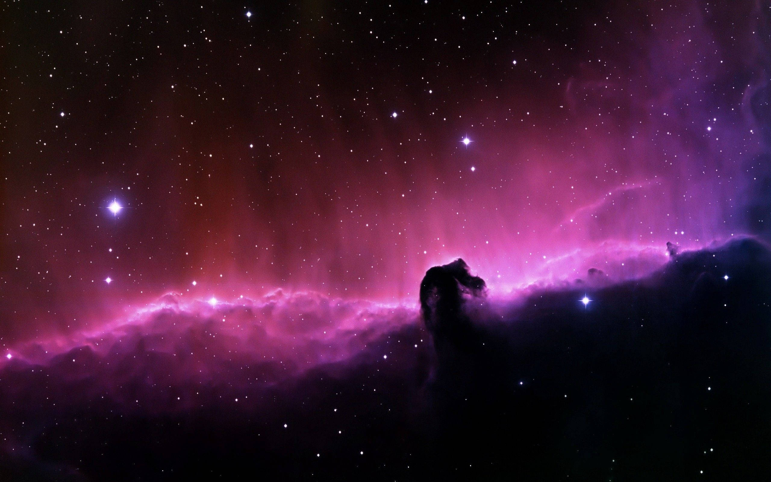 粉紅星雲筆電桌面 壁紙 — 宇宙星雲在星空背景下散發出充滿活力的紫色和粉紅色調，並帶有天體形成的黑暗輪廓。