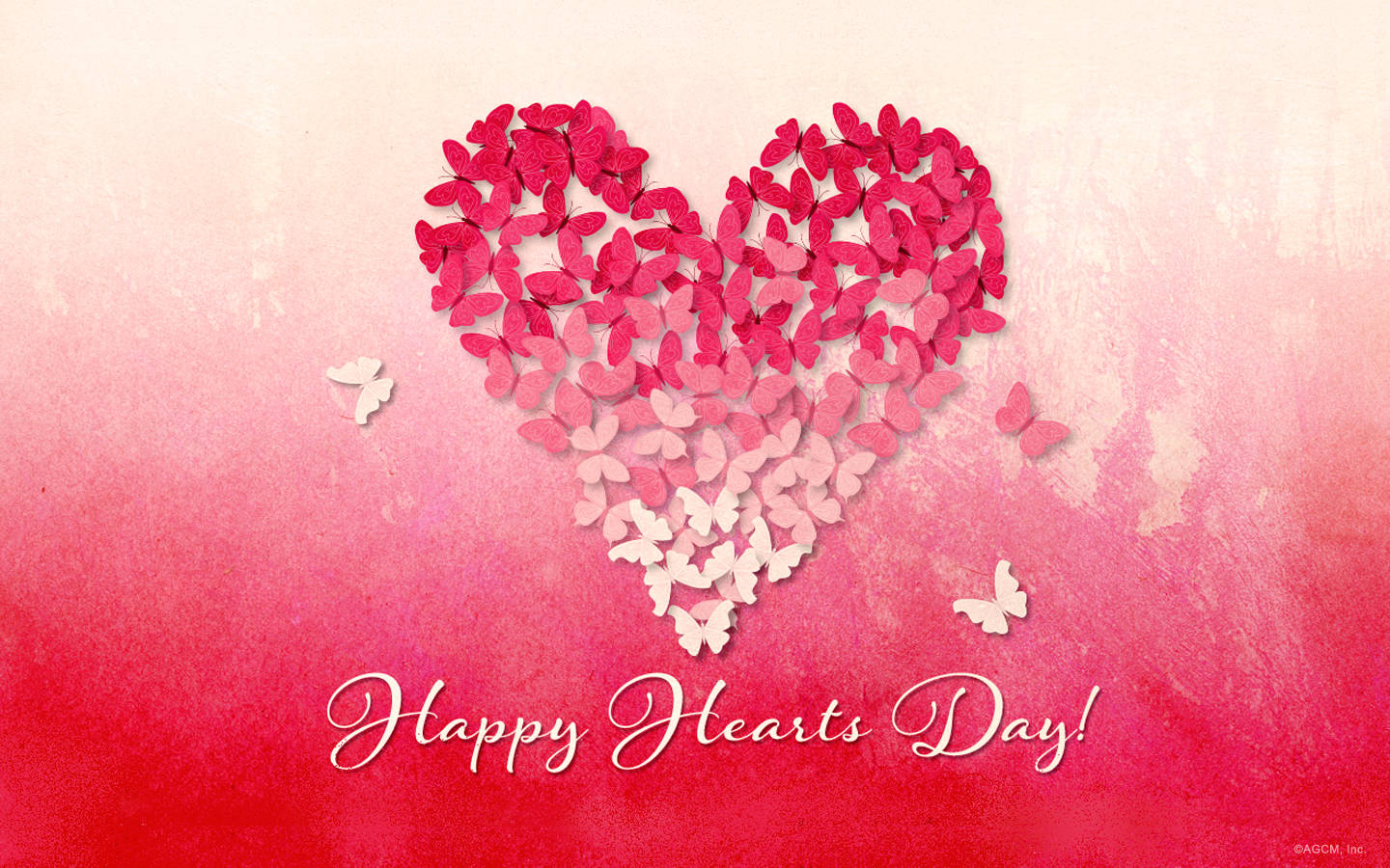 蝴蝶組成的愛心，粉紅色水彩背景上Happy Hearts Day文字