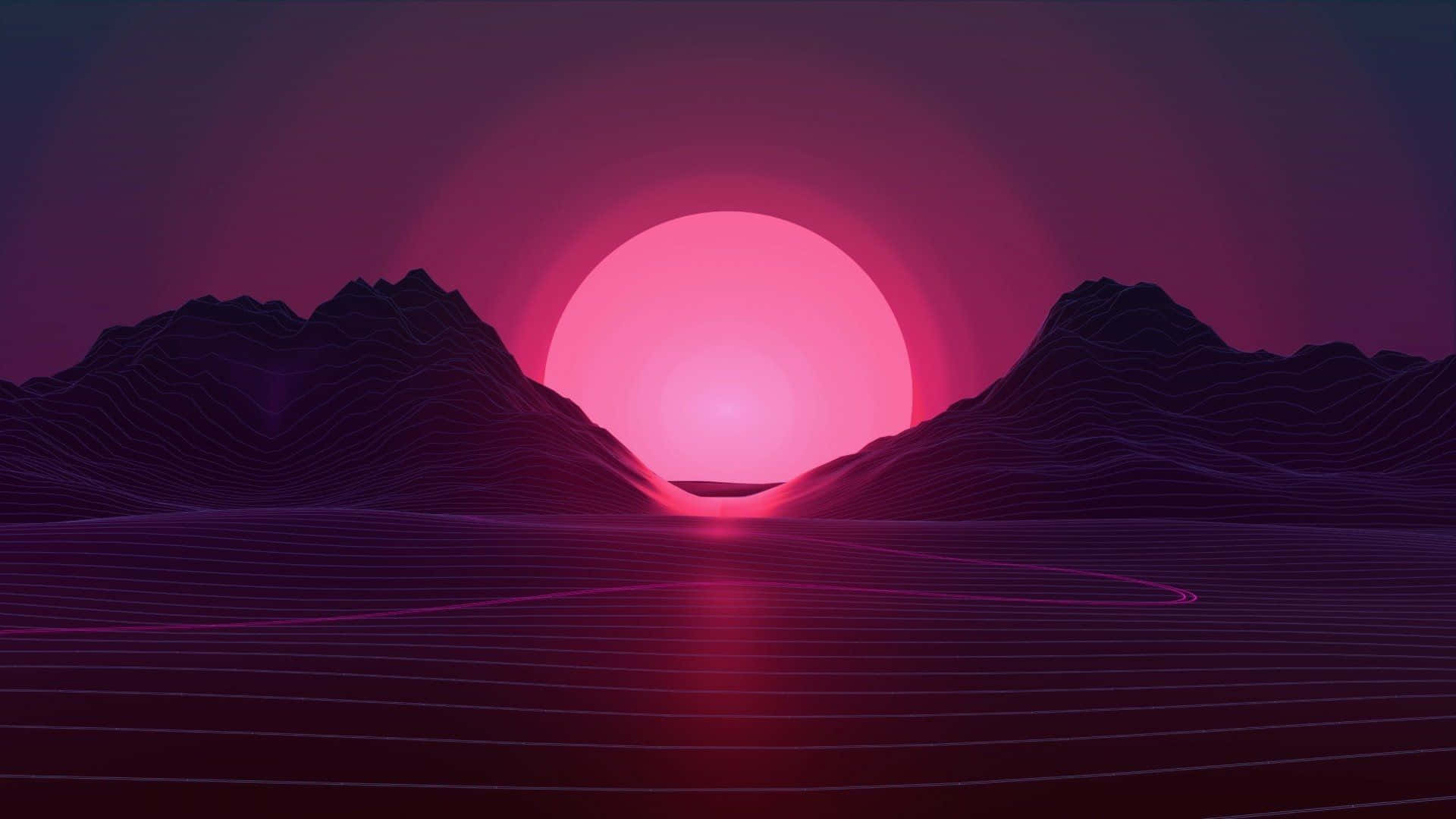 粉紅色太陽落在紫色山脈後面，映照在發光網格景觀上。