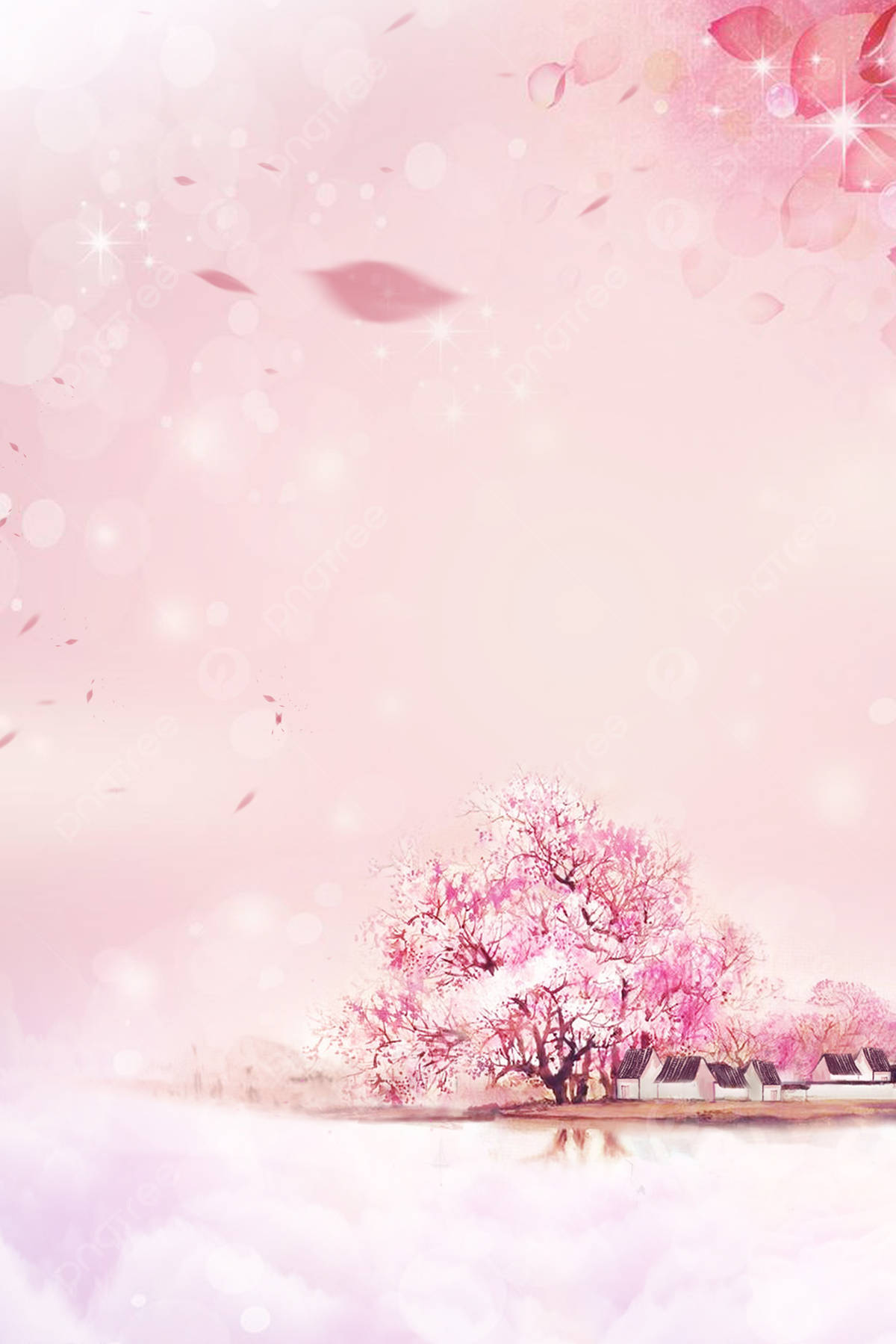 粉紅桃花樹數位插畫 壁紙 — 一幅寧靜的水彩畫場景，描繪盛開的櫻花樹，柔和的粉紅色花瓣在夢幻般的粉彩天空中飄揚。