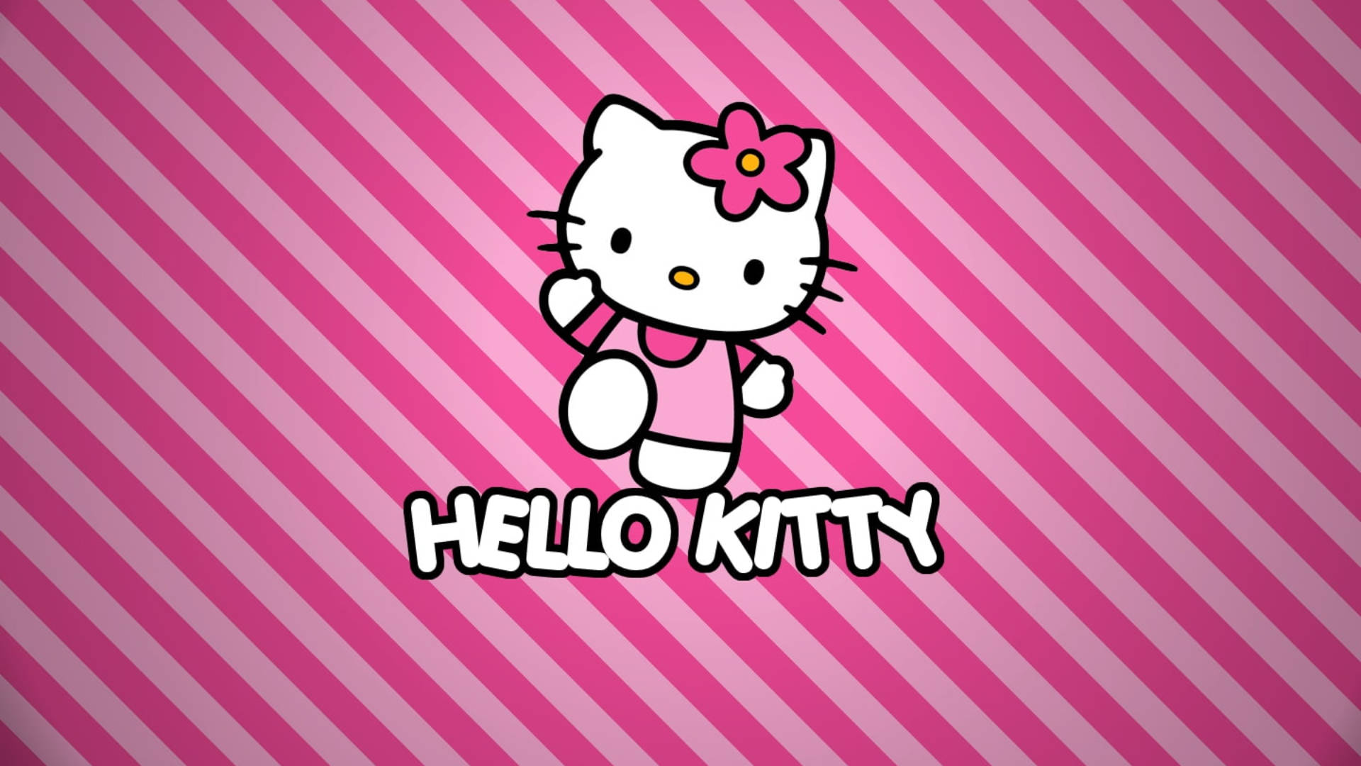 Hello Kitty 卡通角色穿著粉紅色連衣裙，頭上戴著花朵，背景為粉紅色條紋。