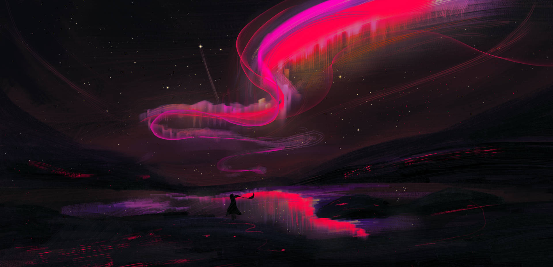 一個人的剪影站在黑暗風景中，下方是鮮豔的粉紅和紫色宇宙極光。