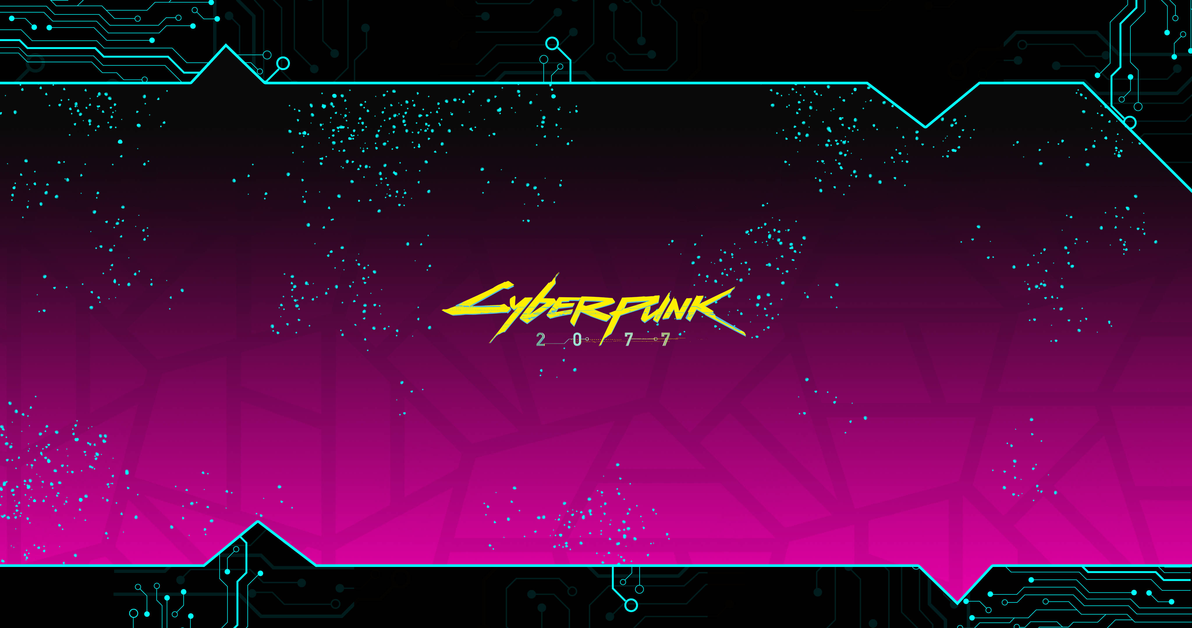 粉紅標誌賽博朋克桌面壁紙 壁紙 — Cyberpunk 2077 標誌在洋紅色漸變背景上以霓虹黃色發光，並由發光電路板圖案框住。