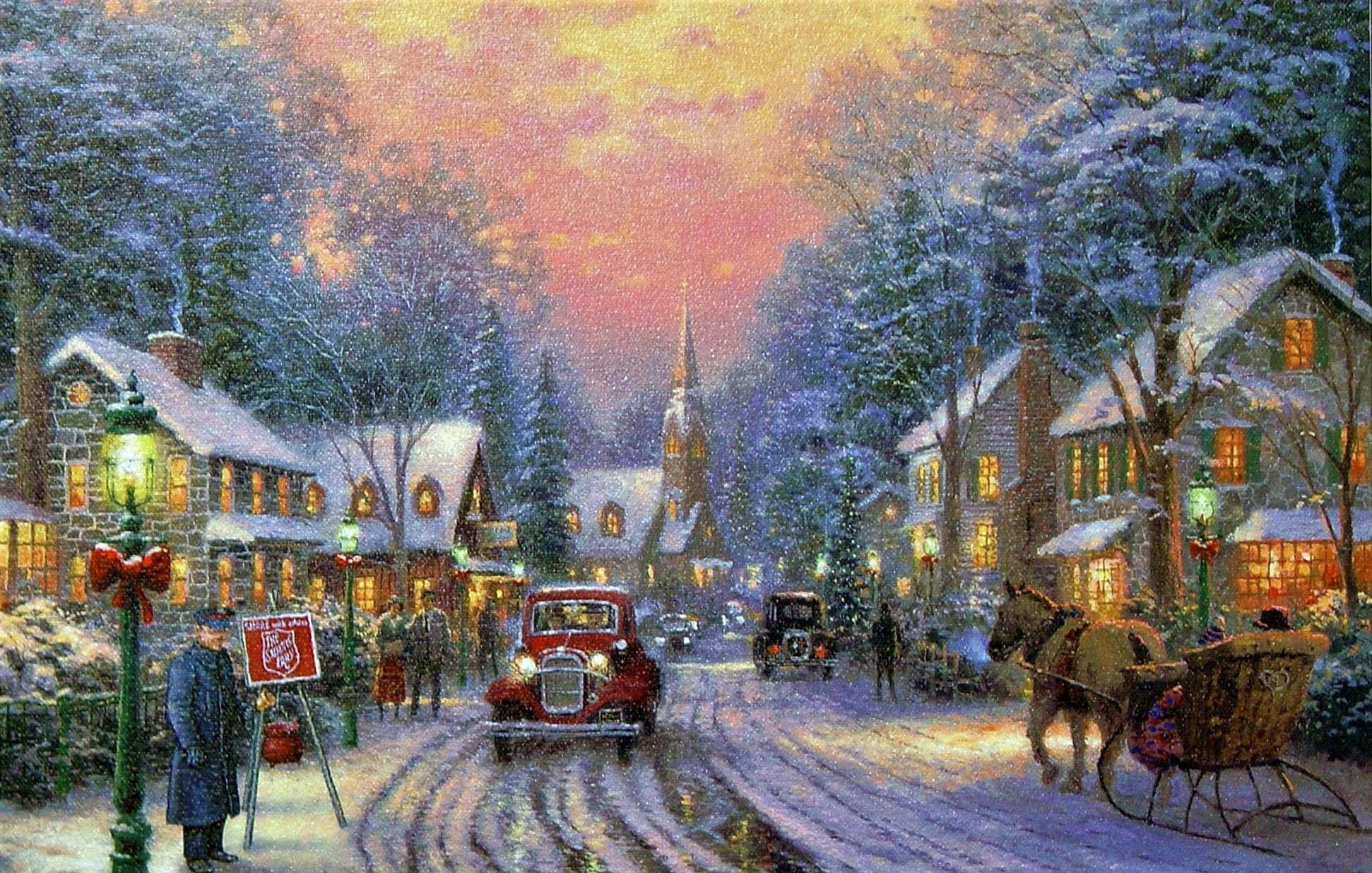 Winter Painting 桌布 壁紙 — 粉紅橙色的天空下，一條積雪的村莊街道，有復古汽車、馬拉雪橇和溫暖燈光的房屋。