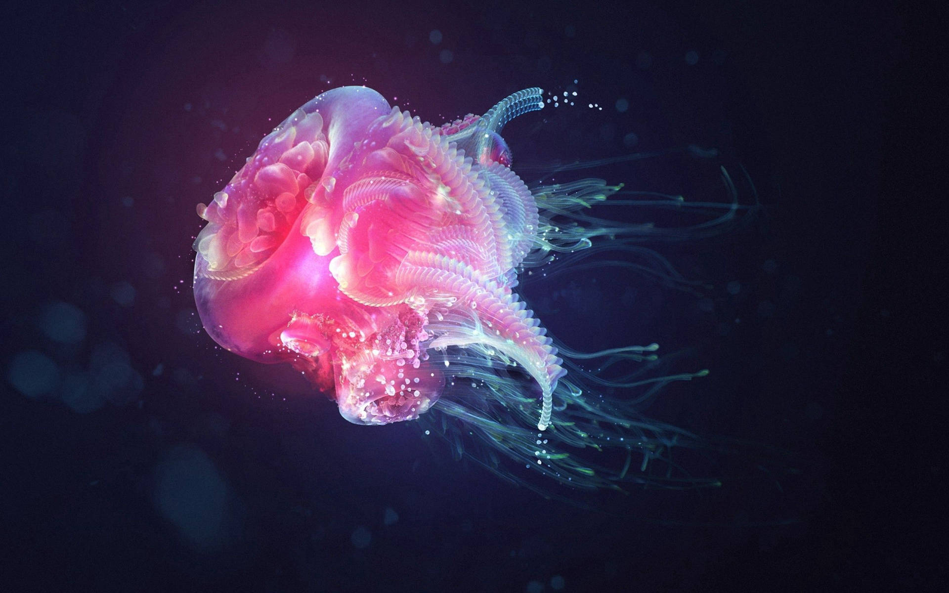 一隻發光嘅粉紅色水母喺黑暗嘅海水中漂流，帶有生物發光。