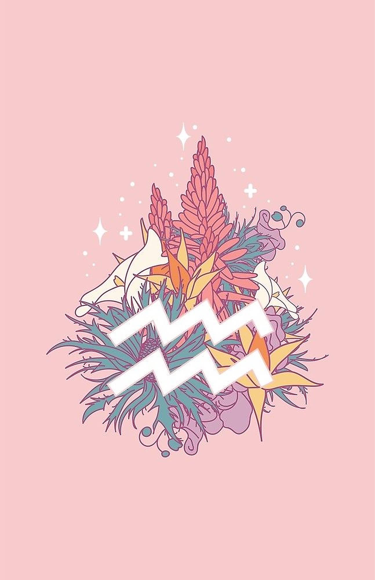 粉紅水瓶座星座海報 壁紙 — 一個風格化的星座水象符號從充滿活力的花卉佈置中浮現，背景是柔和的粉紅色。