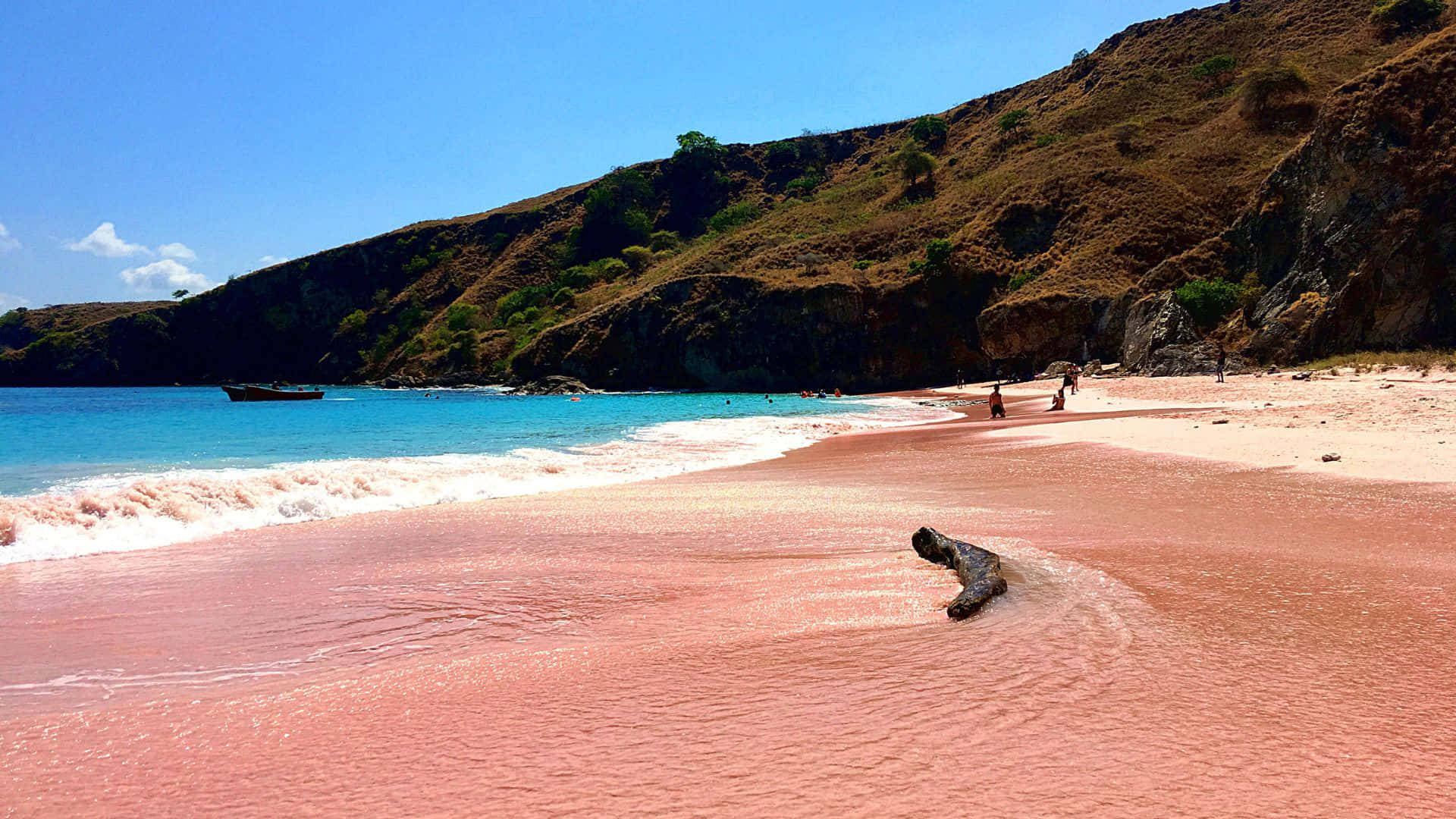Pink Beach 桌布 壁紙 — 粉紅沙灘，清澈藍天下碧綠海浪拍打，背景是岩石峭壁。