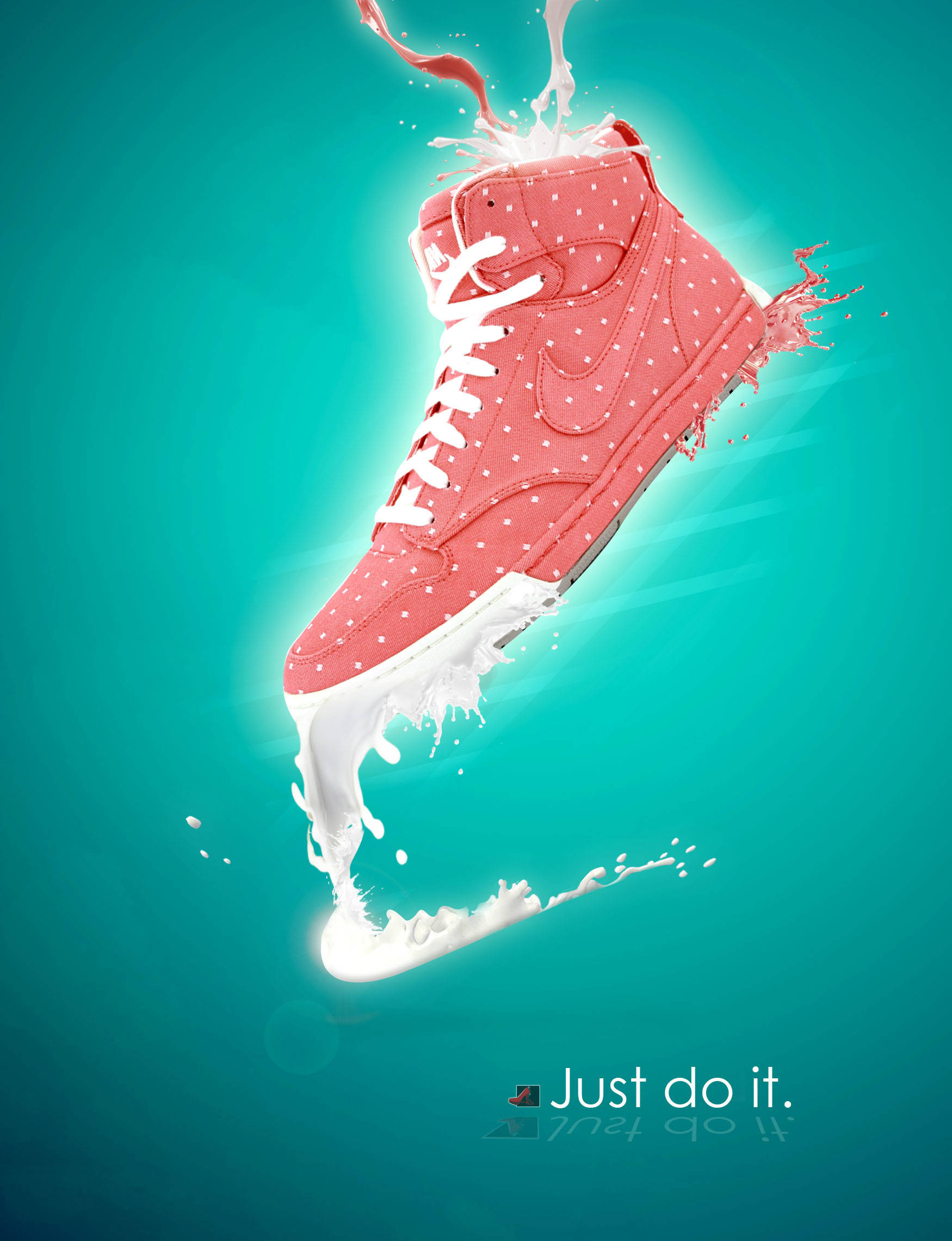 粉紅波點Nike鞋 壁紙 — 一對粉紅色波點運動鞋在青綠色背景上噴出白色液體，構成充滿動感的Nike廣告。