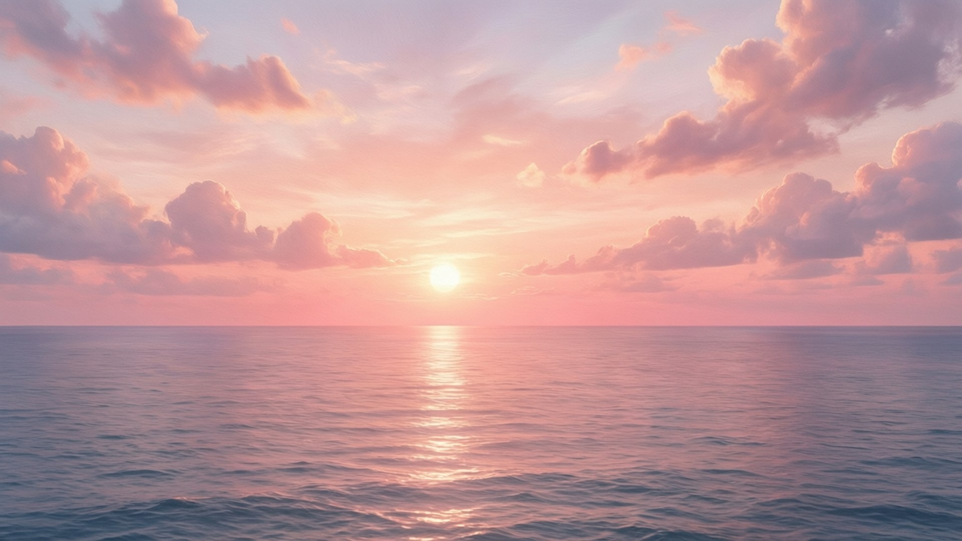 粉紅海洋日落 壁紙 — 平靜海面上的寧靜日落，柔和的粉紅雲朵在水面反射金色光芒。