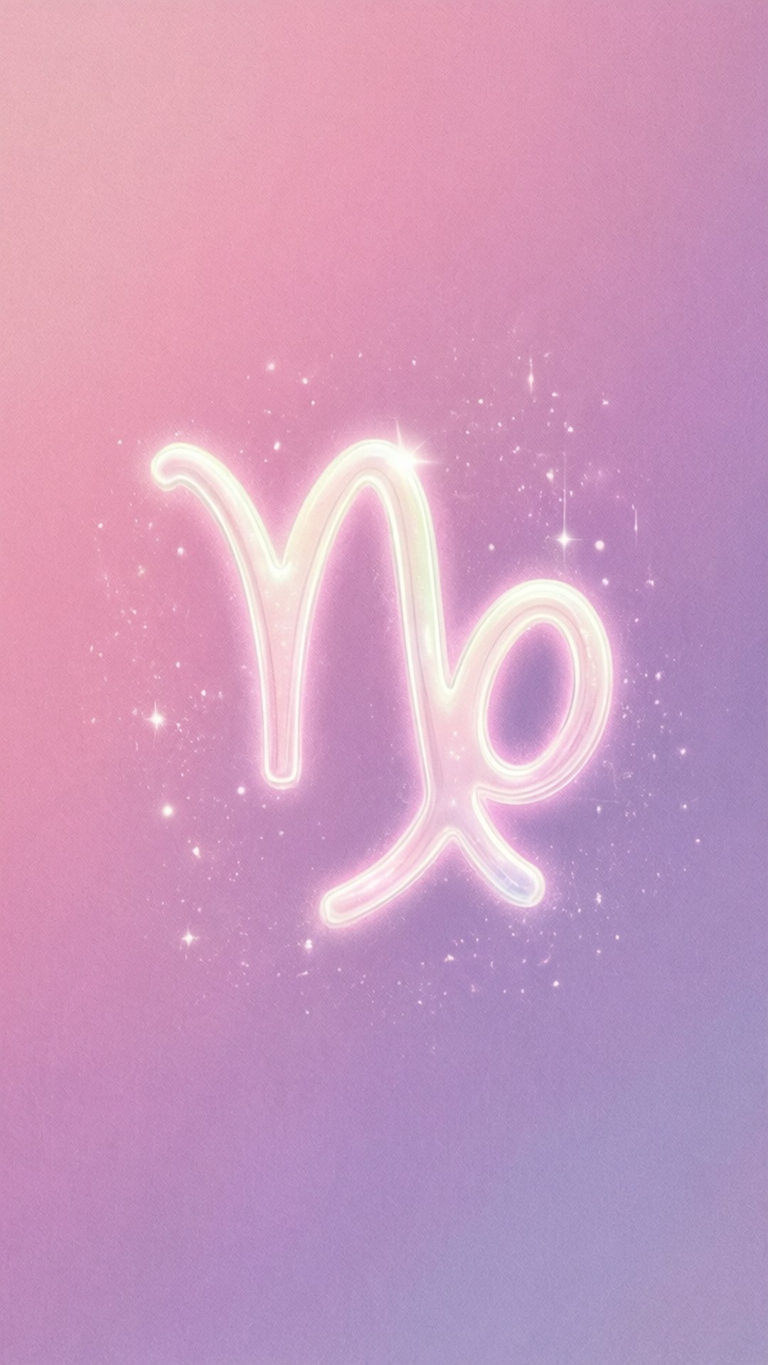 粉紅漸變美學 壁紙 — 一個發光的摩羯座星座符號霓虹燈牌，在點綴著閃爍星星的柔和粉紅與紫色漸變天空中閃耀。