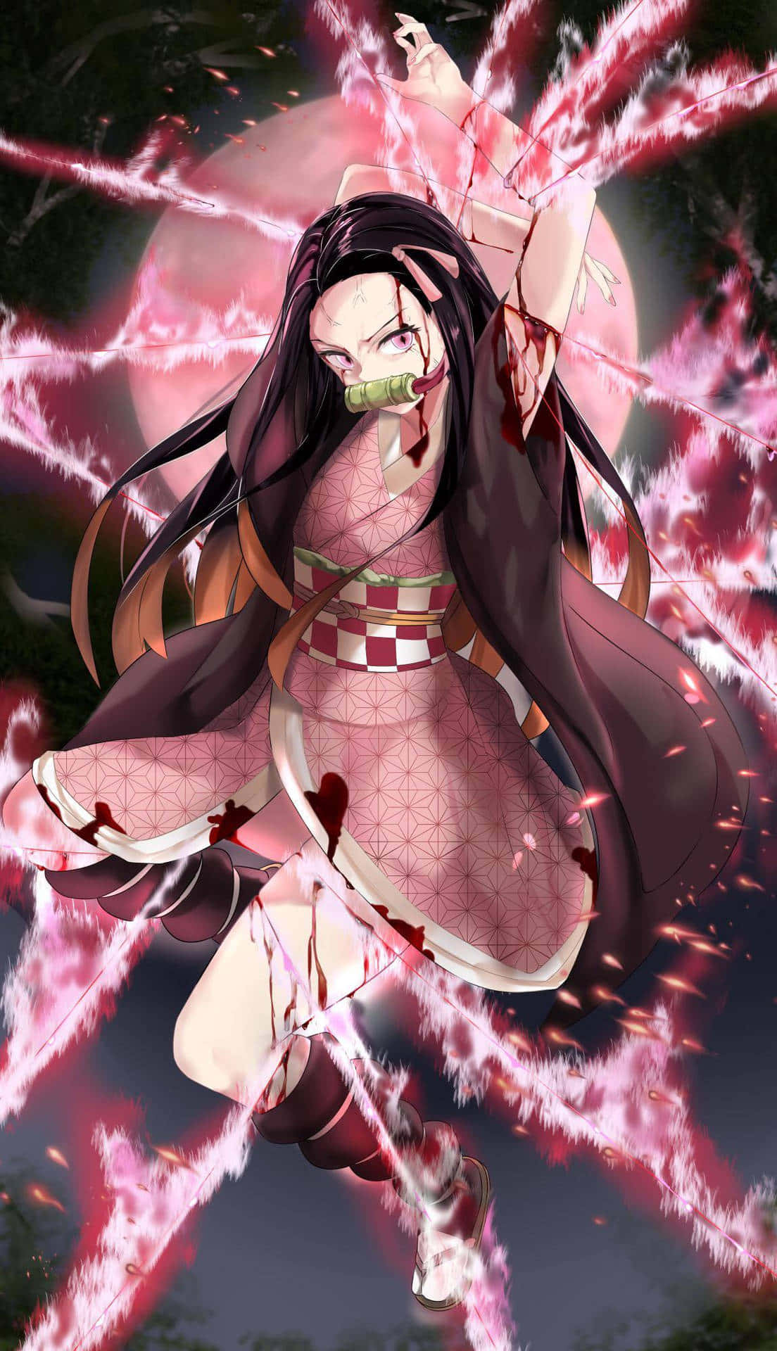 動漫女戰士著住粉紅色和服，揮舞發光嘅粉紅色能量斬擊。 — 鬼滅之刃 火鬼 壁紙