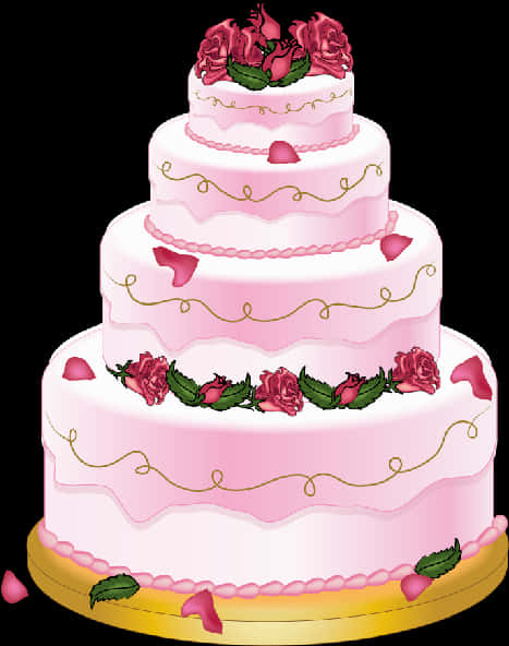粉紅玫瑰分層蛋糕 壁紙 — 四層粉紅色結婚蛋糕，飾有金色漩渦和紅玫瑰，置於金色底座上。