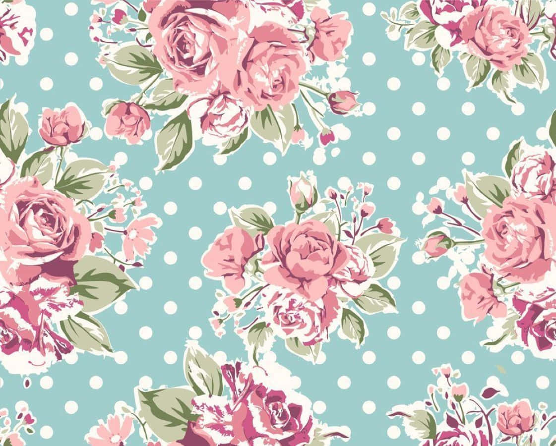 Rose Pattern 桌布 壁紙 — 粉紅玫瑰和綠葉在薄荷綠圓點背景上優雅地飄浮。
