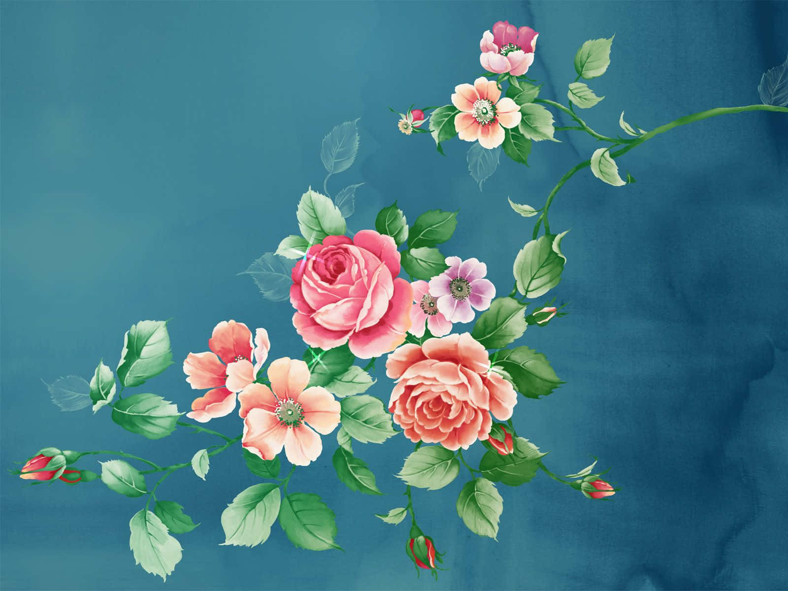 Flower Art 桌布 壁紙 — 粉紅玫瑰和綠葉的纖細枝條在帶有紋理的青綠色背景上優雅地彎曲。