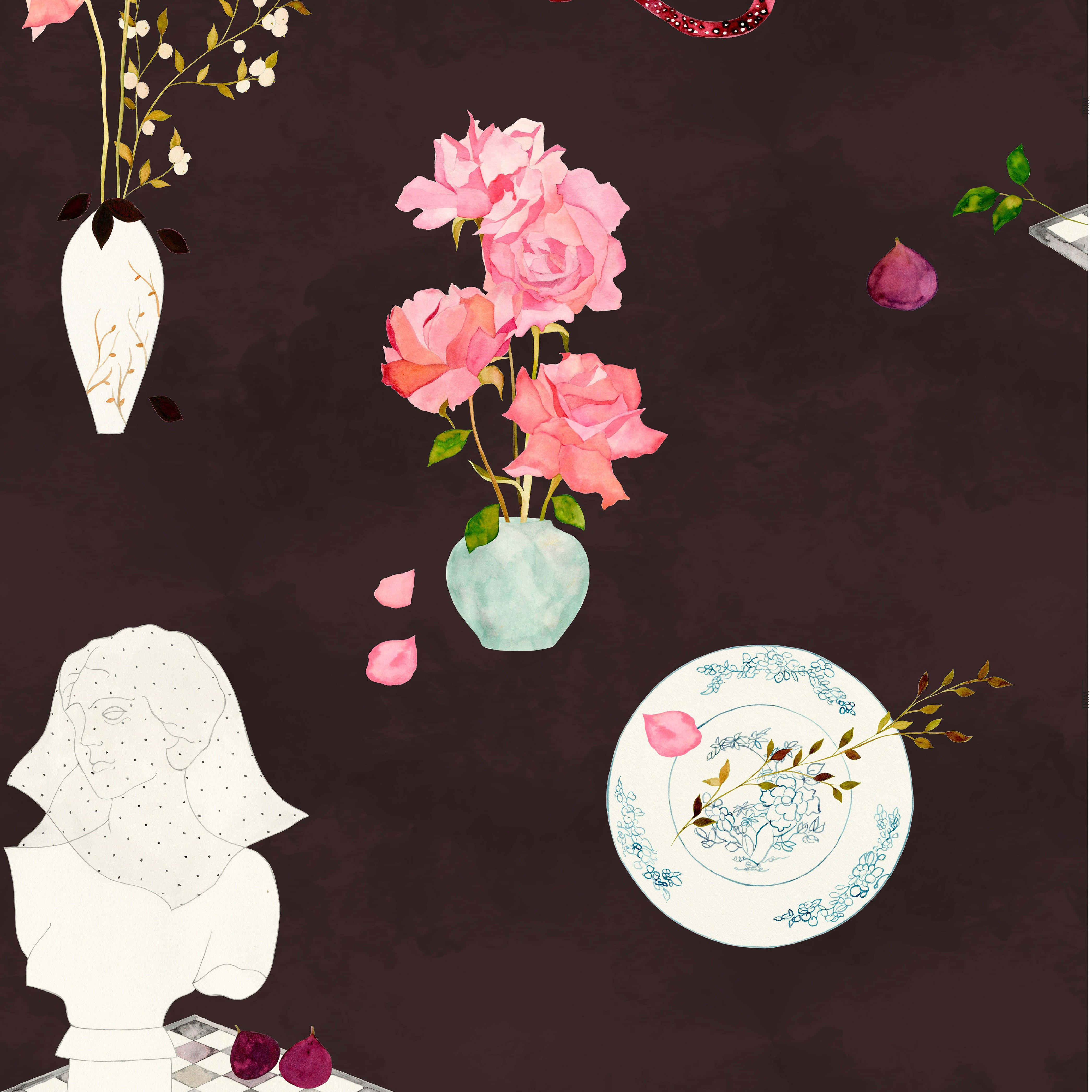 Clothing Design 桌布 壁紙 — 粉紅玫瑰漂浮在青綠色花瓶中，在深酒紅色背景前，旁邊有一個白色半身像和裝飾盤。