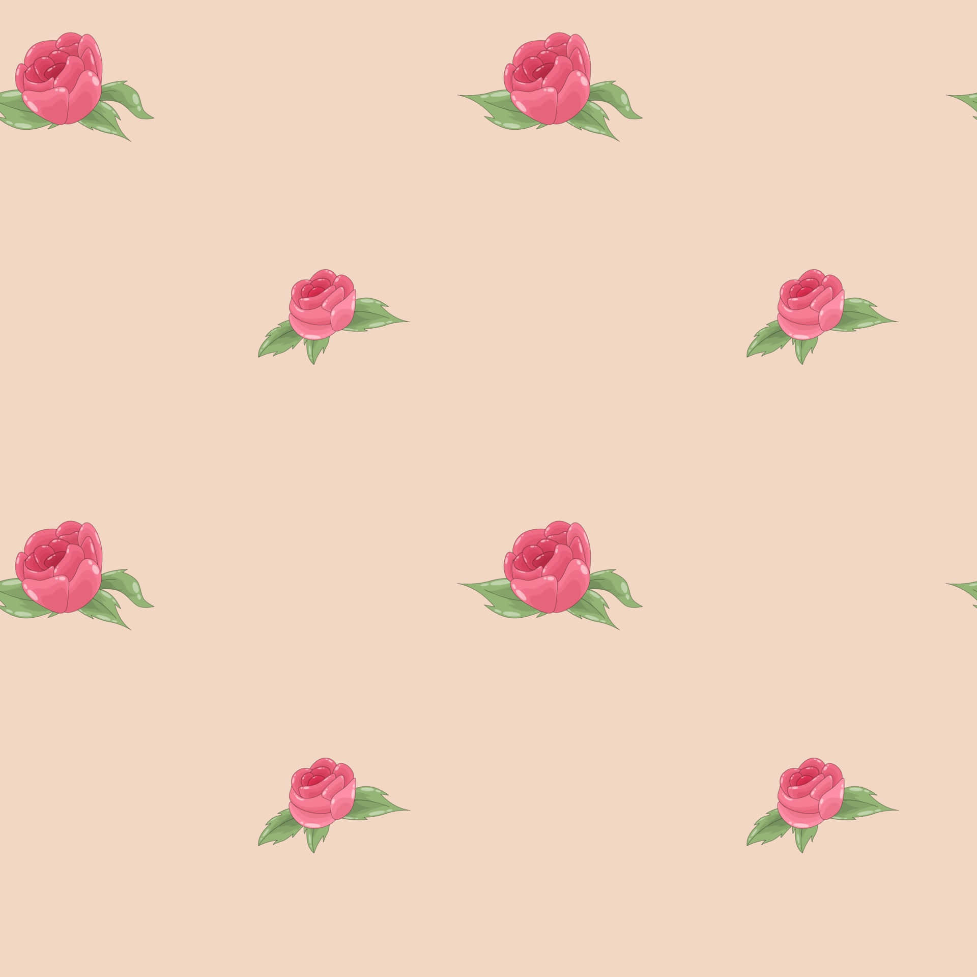 Aesthetic Rose 桌布 壁紙 — 粉紅玫瑰配綠葉在米色背景上以柔和粉彩圖案重複。