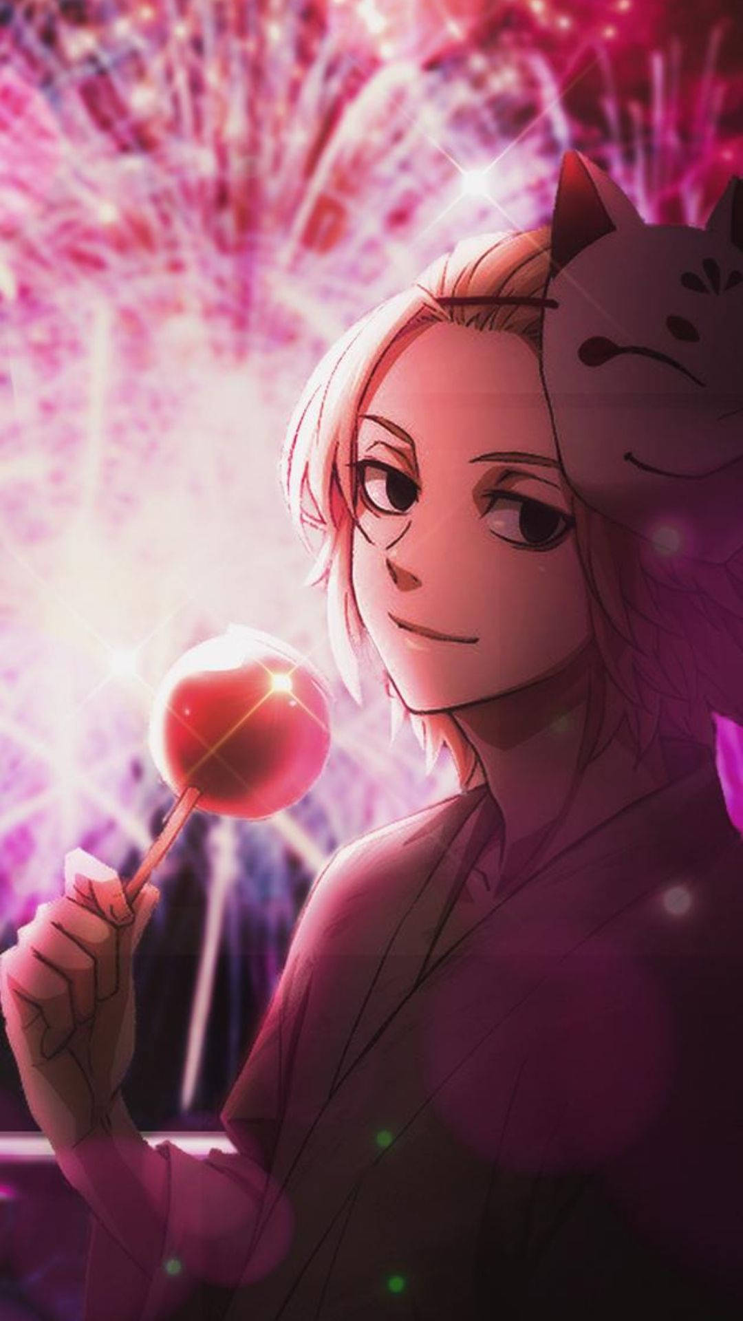 粉紅米奇《東京復仇者》 壁紙 — 一個微笑的貓耳動漫女孩，在閃爍的洋紅色煙花背景下拿著發光的粉紅色棒棒糖。