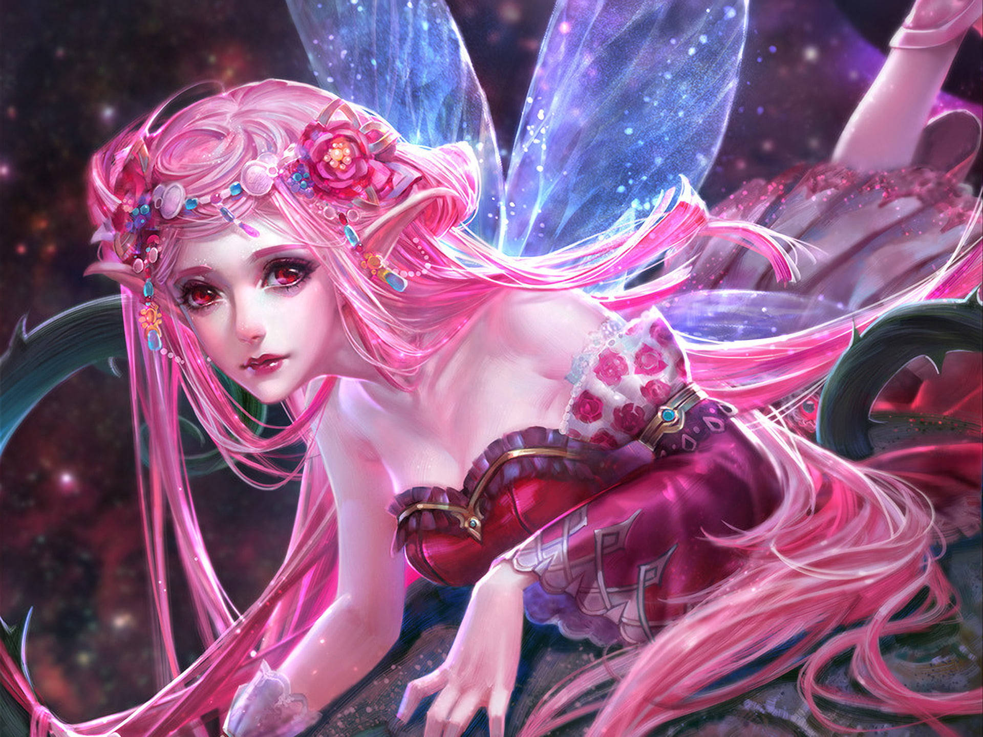 粉紅色頭髮的仙女，發光的翅膀漂浮在星空空間中。
