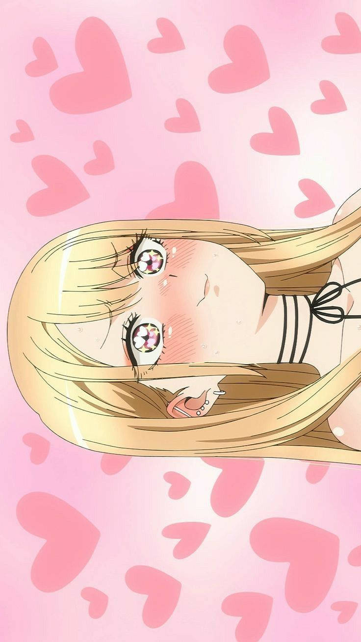 金髮動漫女孩，閃爍的眼睛，被粉紅心形包圍。
