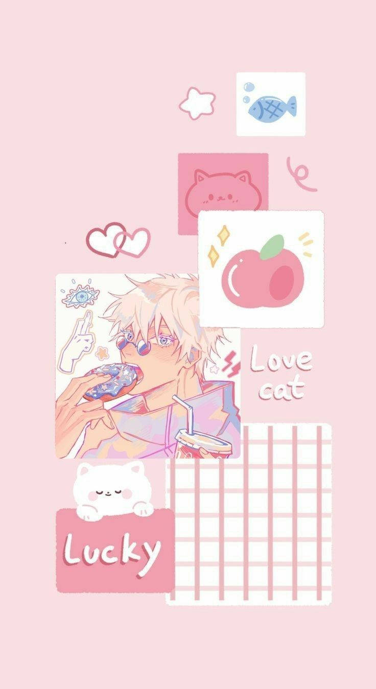 動漫男孩吃冬甩，配有可愛粉紅色貼紙和文字元素。