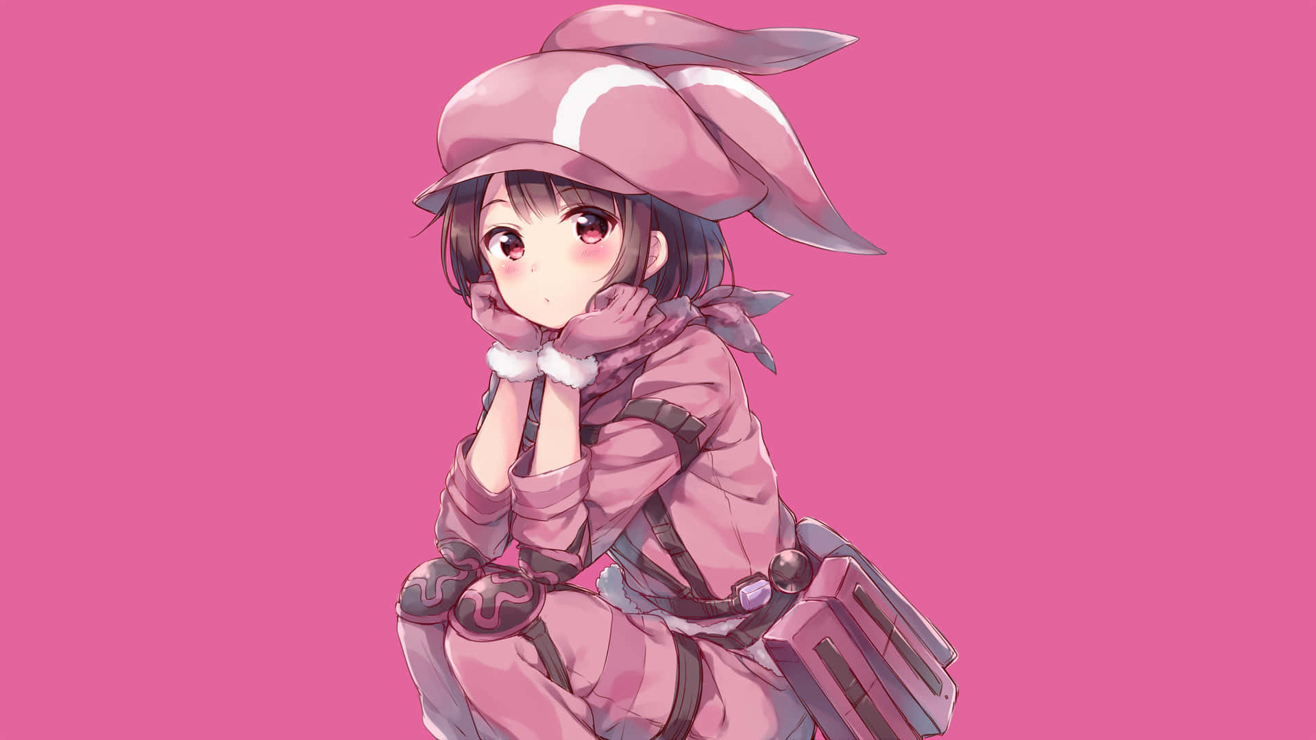 動漫女孩戴粉紅色兔仔帽和服裝沉思
