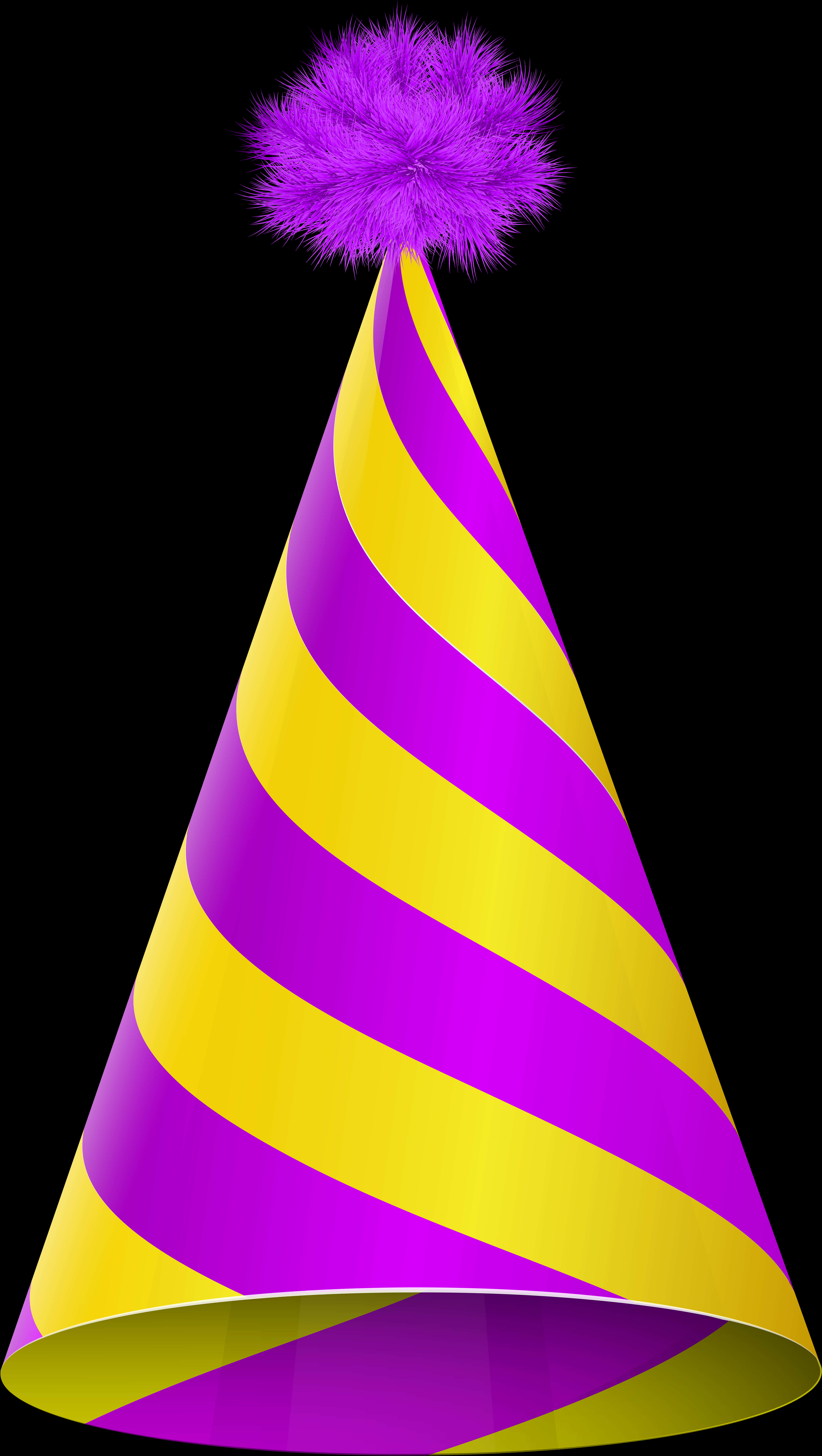 粉紅絨球條紋生日帽 壁紙 — 一個充滿活力的紫色和黃色條紋派對帽，頂部有一個毛茸茸的紫色絨球，背景為黑色。