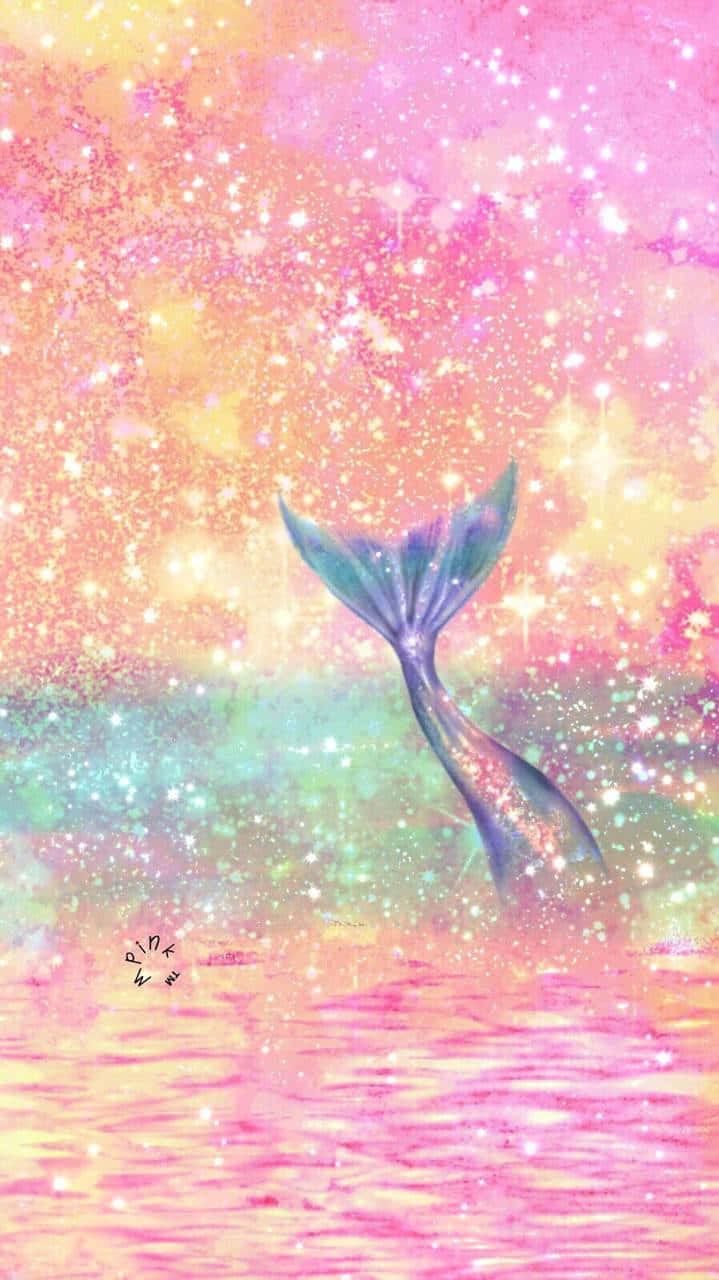 一條美人魚尾巴從閃爍的水中升起，背景是星空。