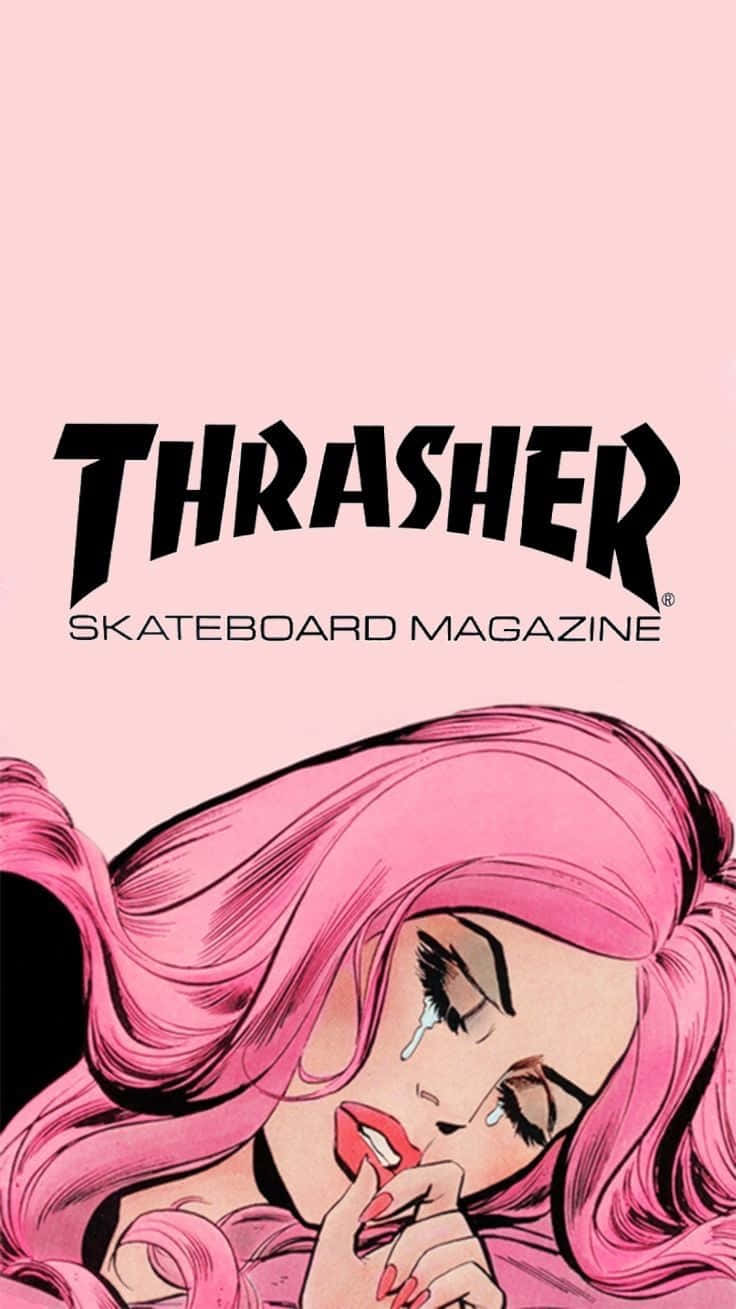 粉紅色頭髮的女性哭泣，紅唇，帶有Thrasher Skateboard Magazine文字。