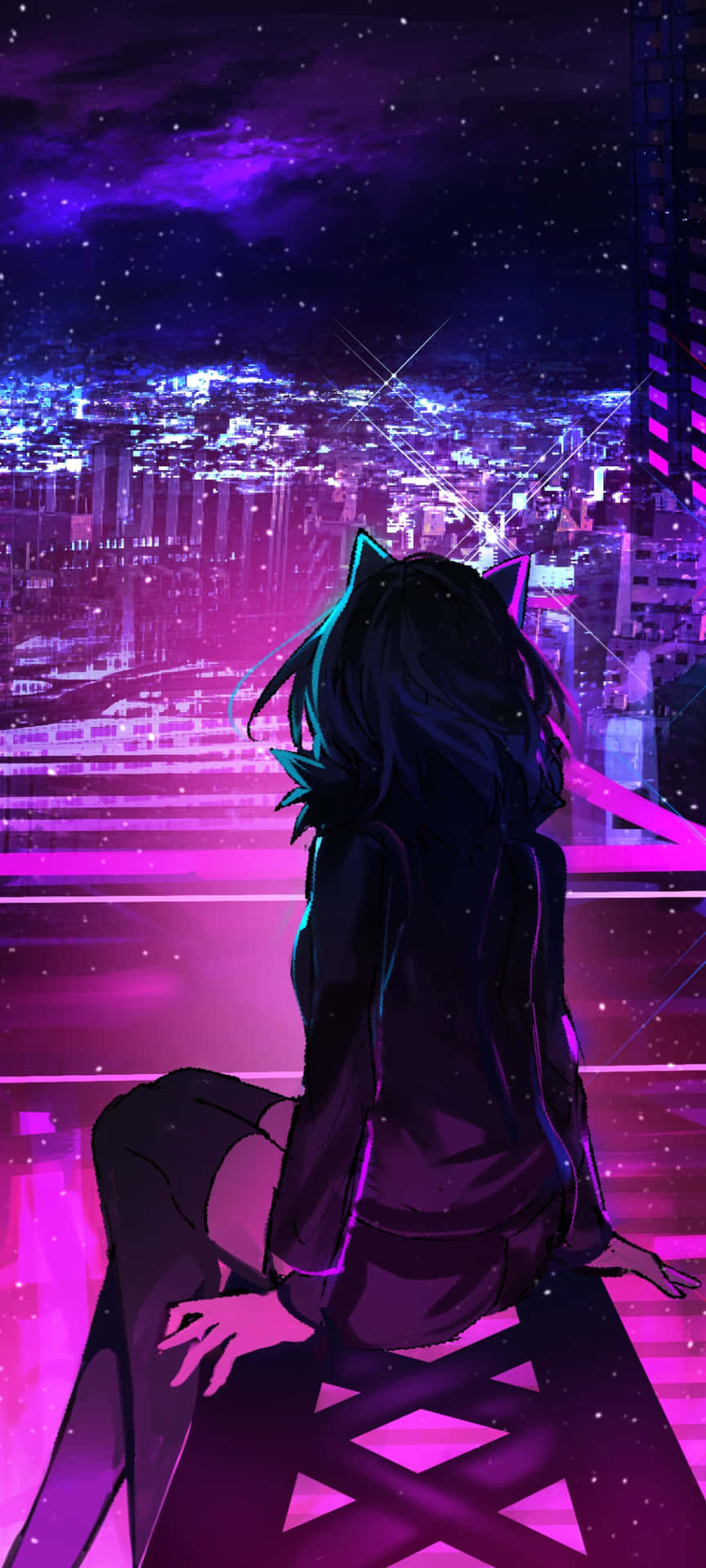 貓耳動漫女孩俯瞰夜晚的霓虹城市
