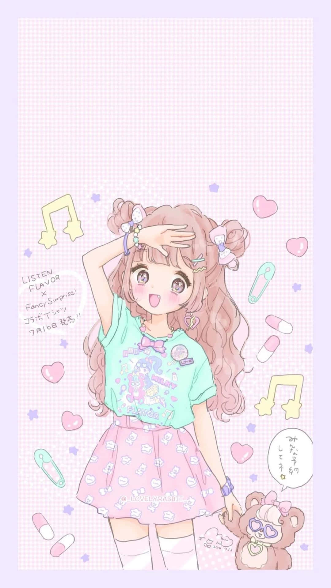粉紅色頭髮和蝴蝶結飾物的動漫女孩，被心形和音符包圍。