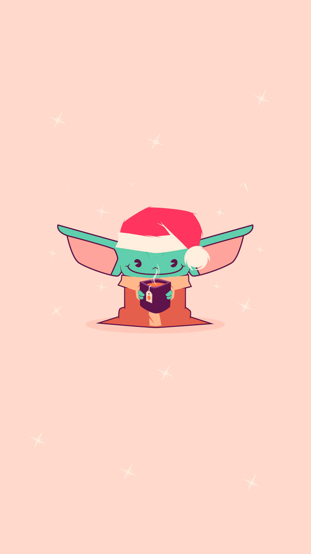 粉紅背景 Baby Yoda 聖誕手機壁紙 壁紙 — 一個可愛的綠色嬰兒尤達戴着紅色聖誕帽，在柔和的粉紅色背景上喝着茶，周圍有閃爍的光芒。