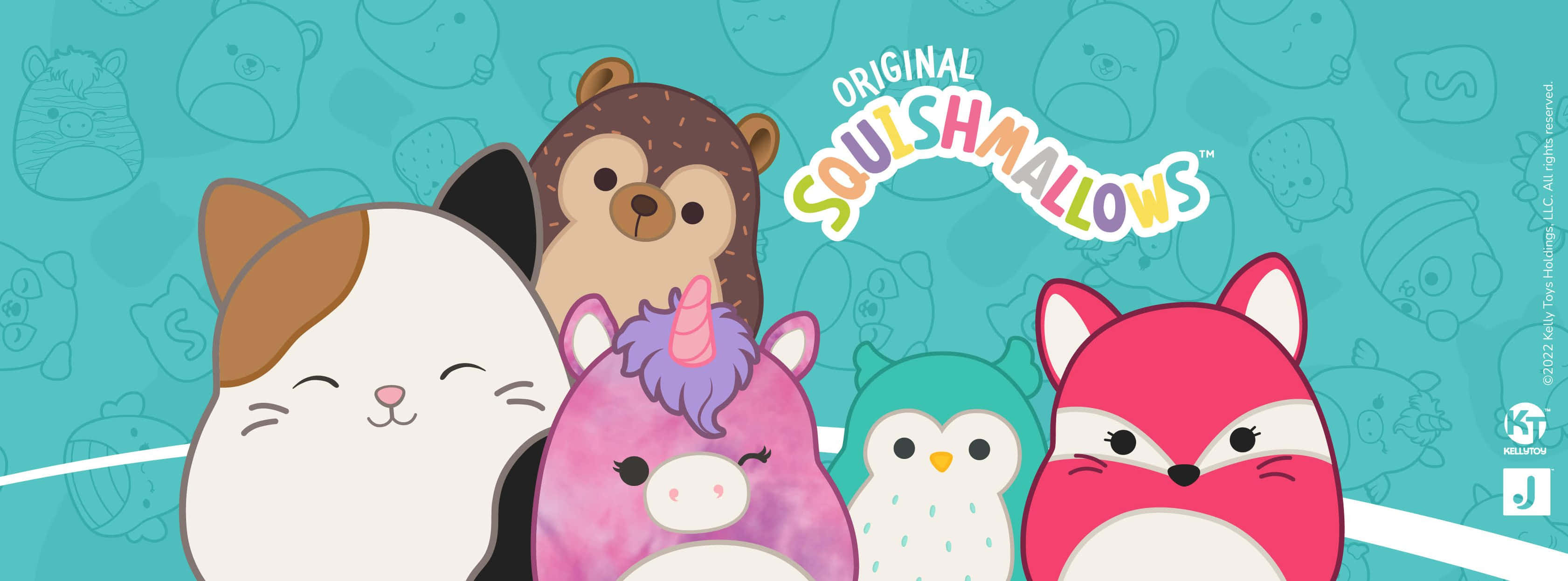 粉紅背景下的可愛Squishmallows集合 壁紙 — 五個可愛的卡通動物角色，帶有柔和的粉彩顏色和微笑的臉，在青綠色背景上。