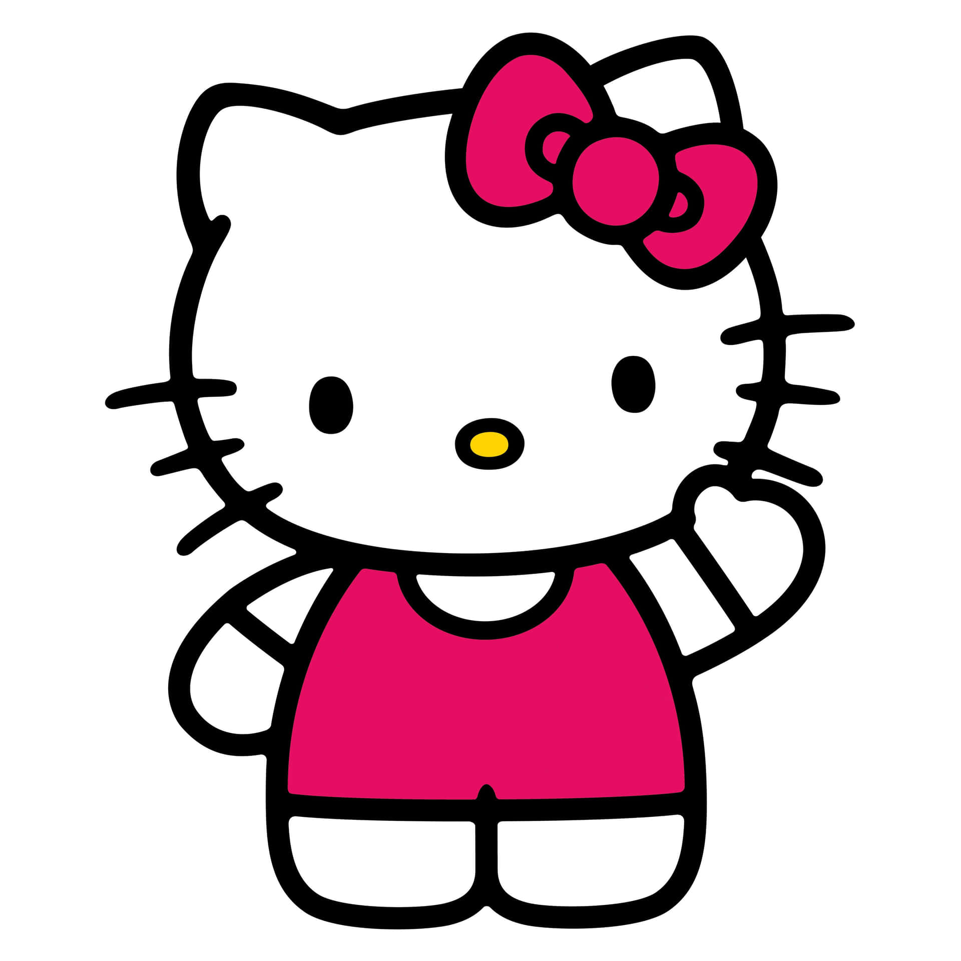 粉紅背景中揮手的Hello Kitty 壁紙 — Hello Kitty 卡通角色穿著粉紅色連衣裙和蝴蝶結微笑，舉起一隻手。