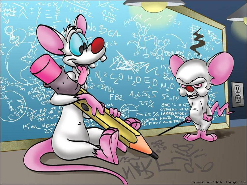 粉紅與大腦科學實驗室 壁紙 — 兩隻卡通老鼠在教室裡，一隻拿著巨大的鉛筆，另一隻對佈滿方程式的黑板顯得很惱火。