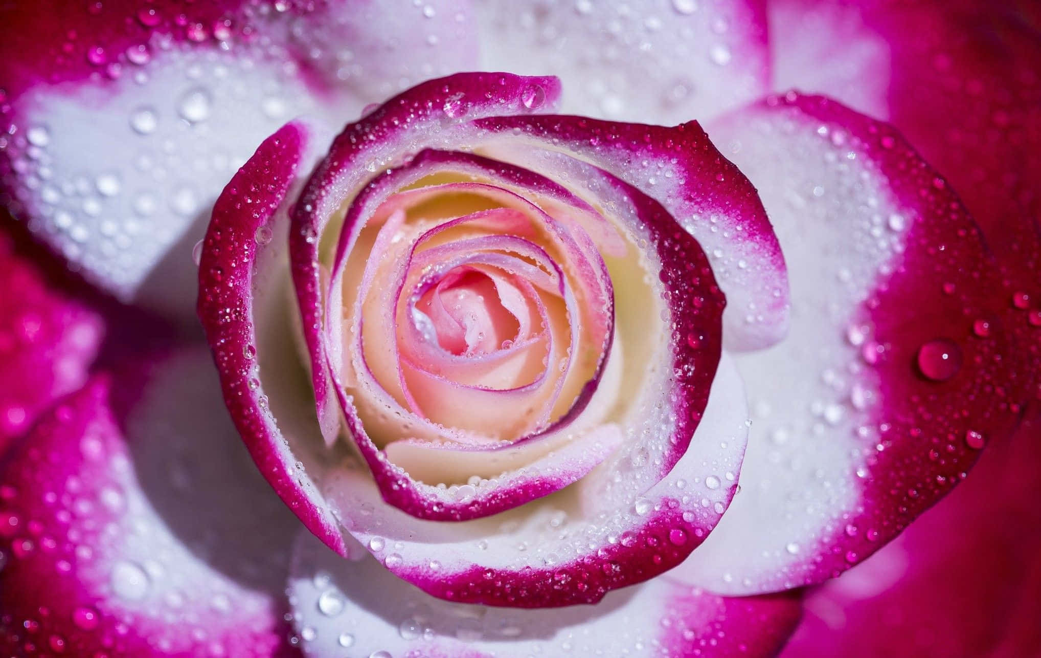 Rose Petal 桌布 壁紙 — 粉紅與白色玫瑰的特寫，花瓣上閃爍著露珠，在柔和光線下。