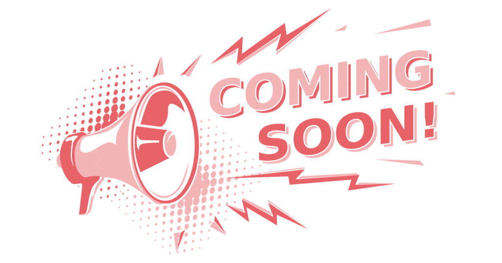 粉紅色擴音器圖形，帶有「COMING SOON!」文字和漫畫風格效果。