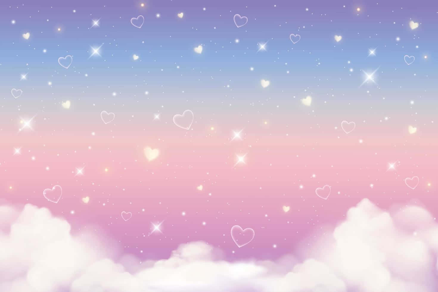 粉紅與紫色天空，雲朵與心形圖案 壁紙
