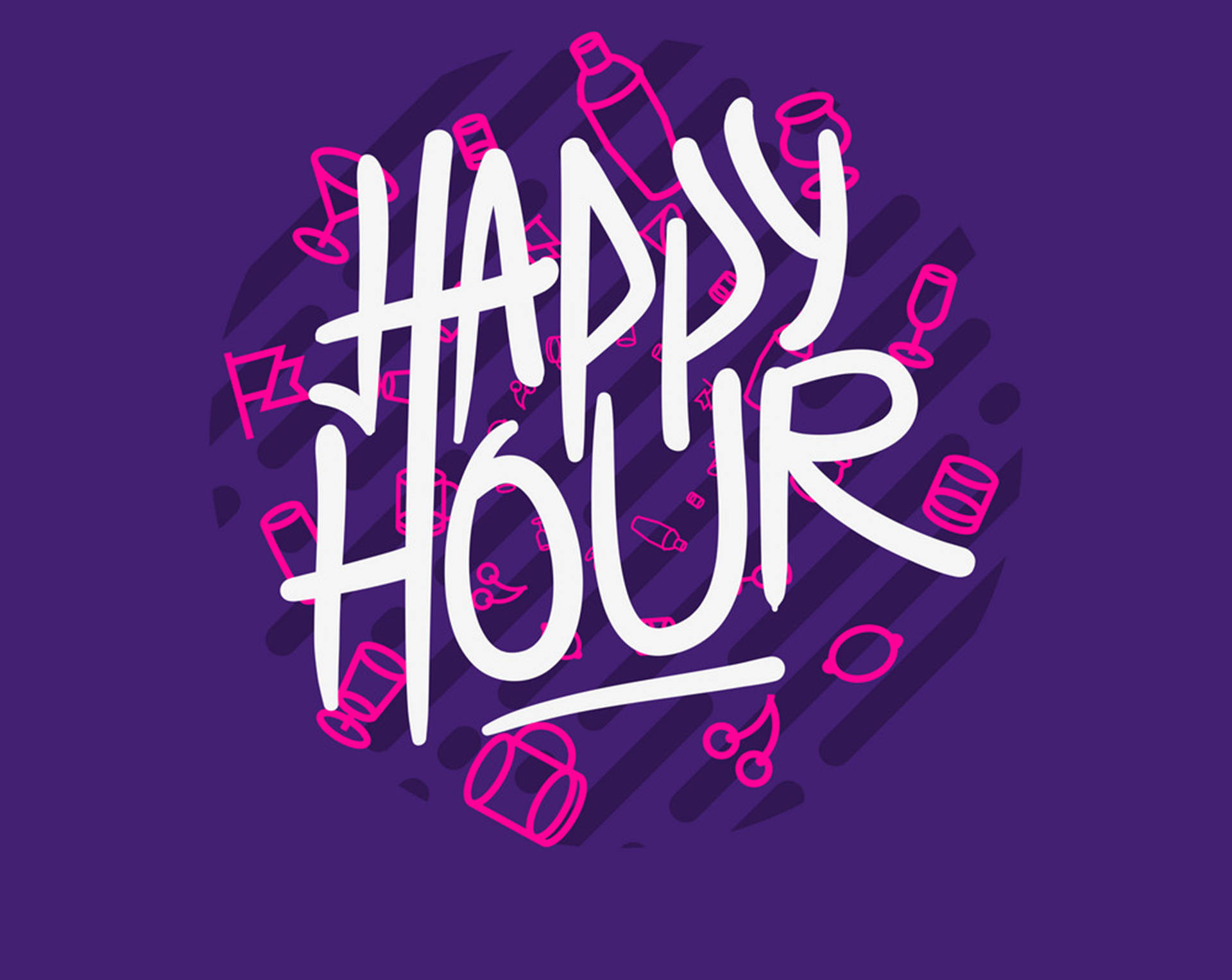 紫色背景上帶有飲品圖示的Happy Hour圖案。