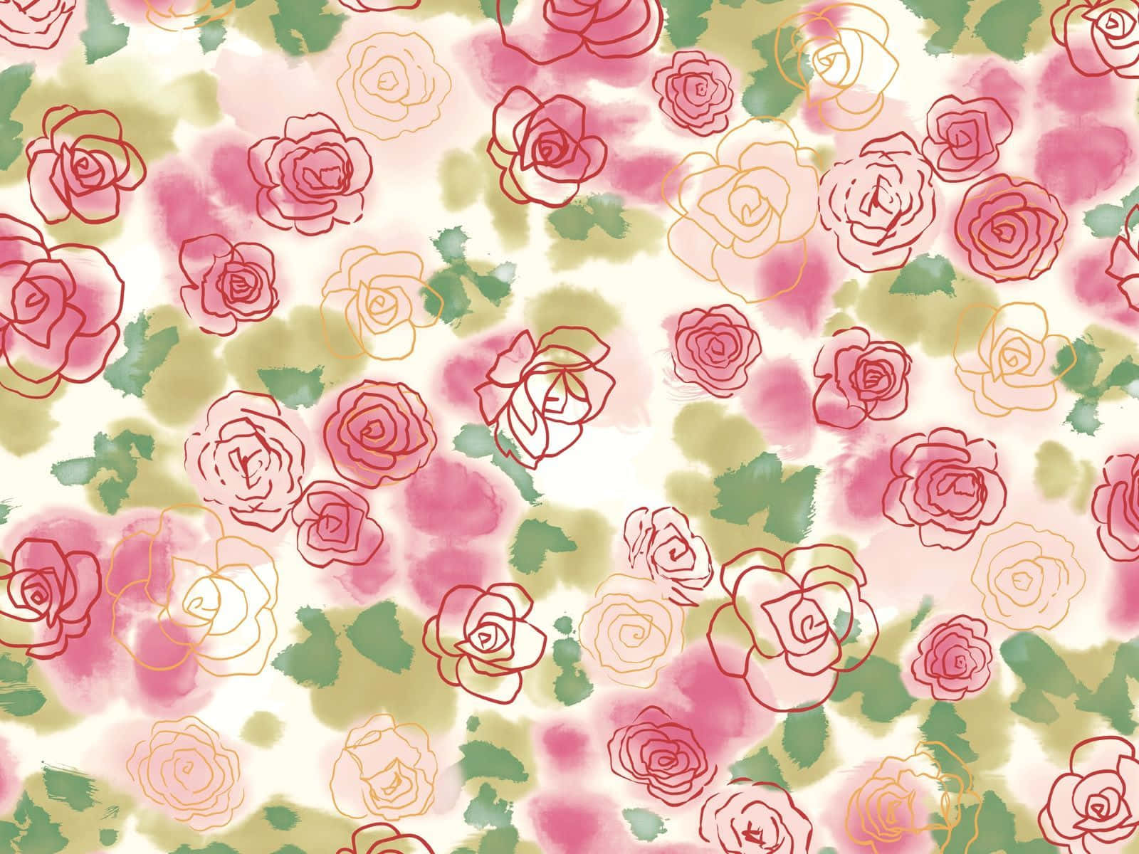 Rose Pattern 桌布 壁紙 — 粉紅與綠色水彩玫瑰在柔和的奶油色背景上盛開，帶有精緻的墨水輪廓。