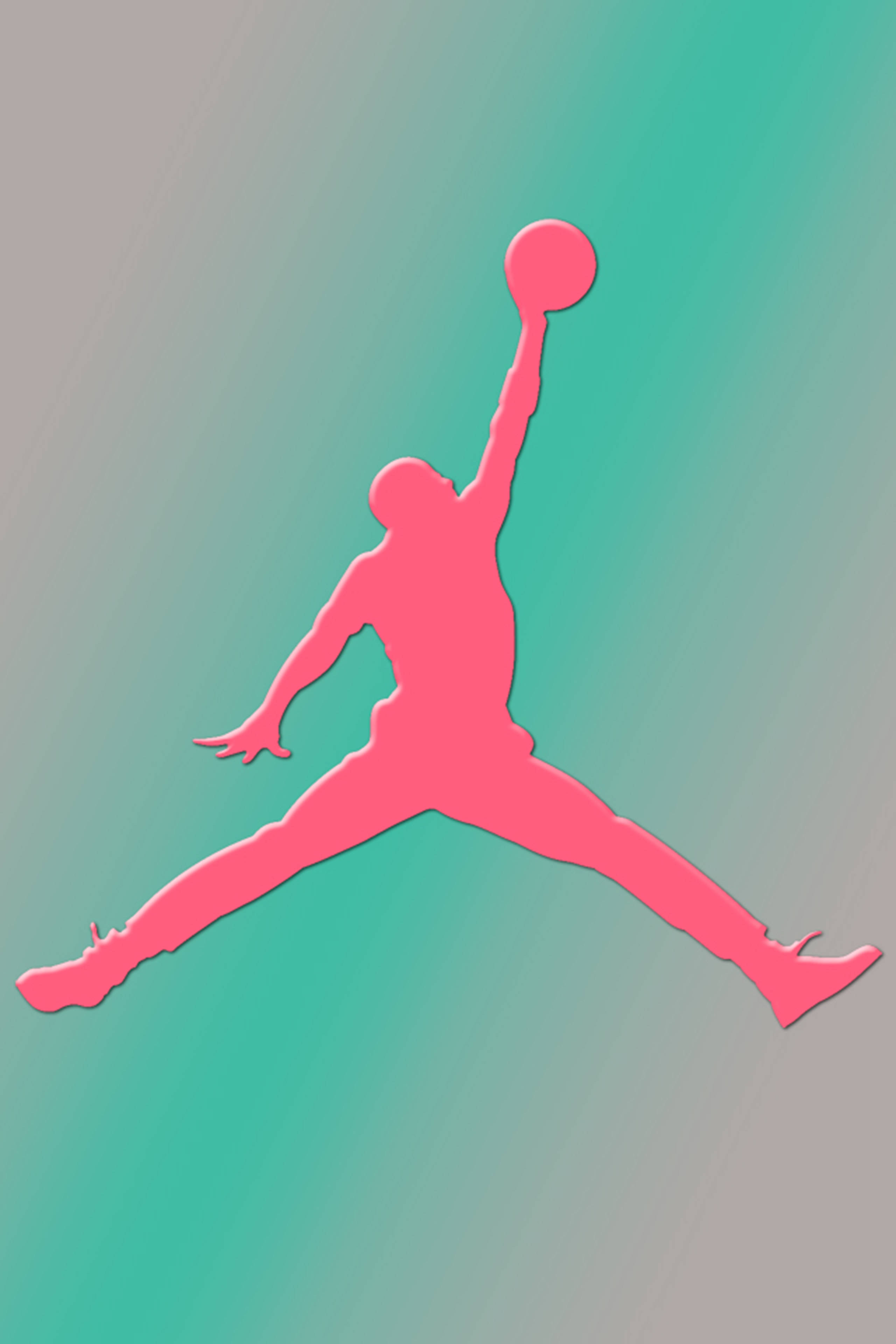 粉紅色 Air Jordan 標誌 壁紙 — 一個充滿活力的粉紅色籃球運動員剪影，在空中入樽，背景是藍綠色和灰色的漸變。