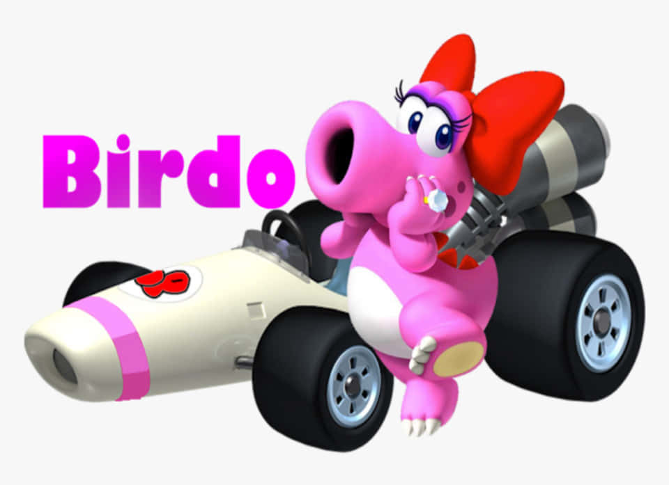 Birdo 桌布 壁紙 — 粉紅色 Birdo 戴著紅色蝴蝶結，駕駛一輛白色和粉紅色的賽車卡丁車，配有黑色輪胎，背景為純白色。