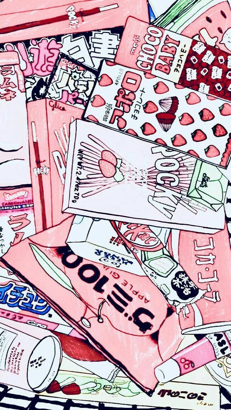 一堆色彩繽紛的日本糖果包裝紙插圖，帶有草莓和粗體文字。